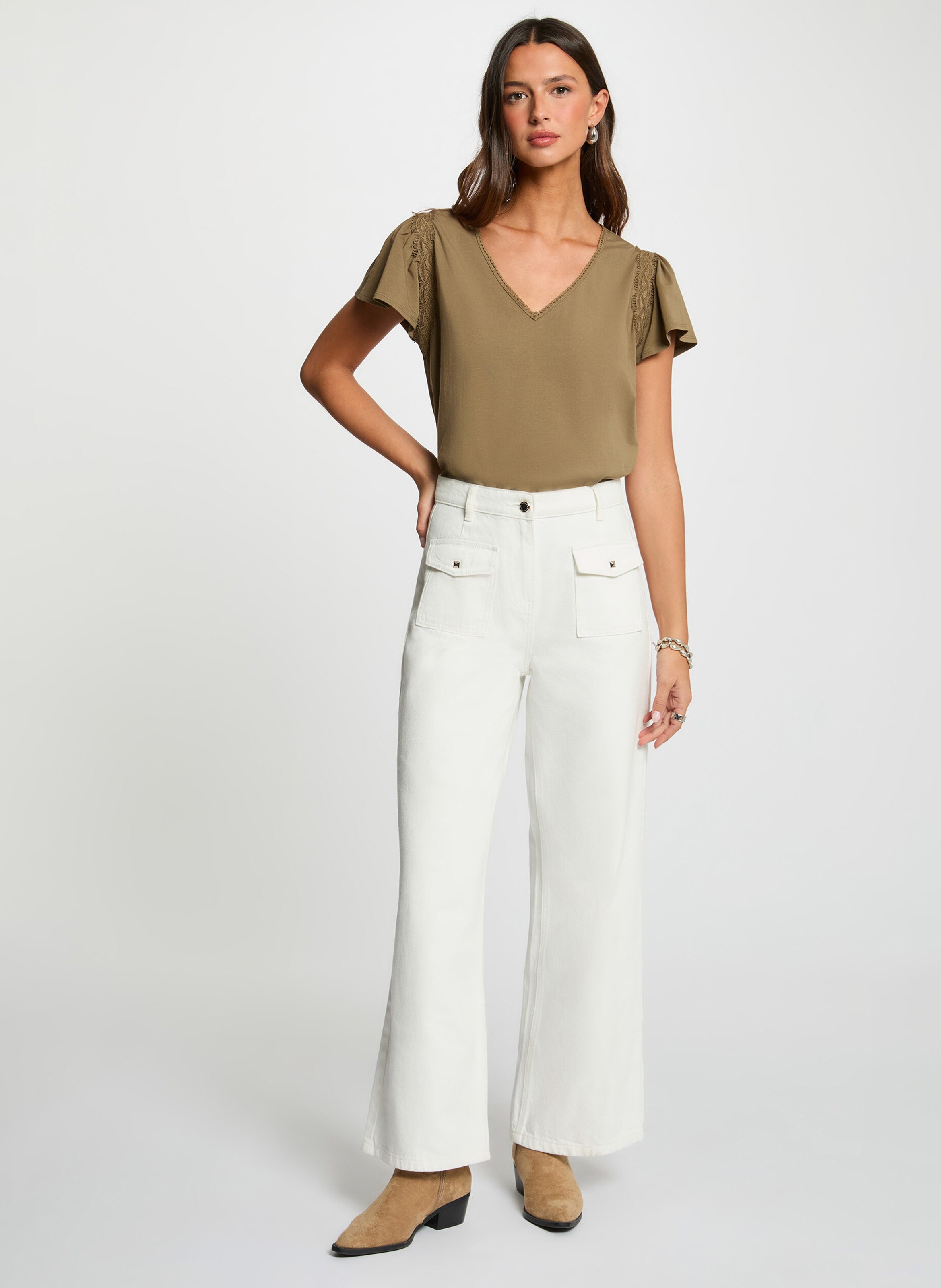 Gerade geschnittenes T-Shirt mit V-Ausschnitt aus Baumwoll-Mix MORGAN Grun