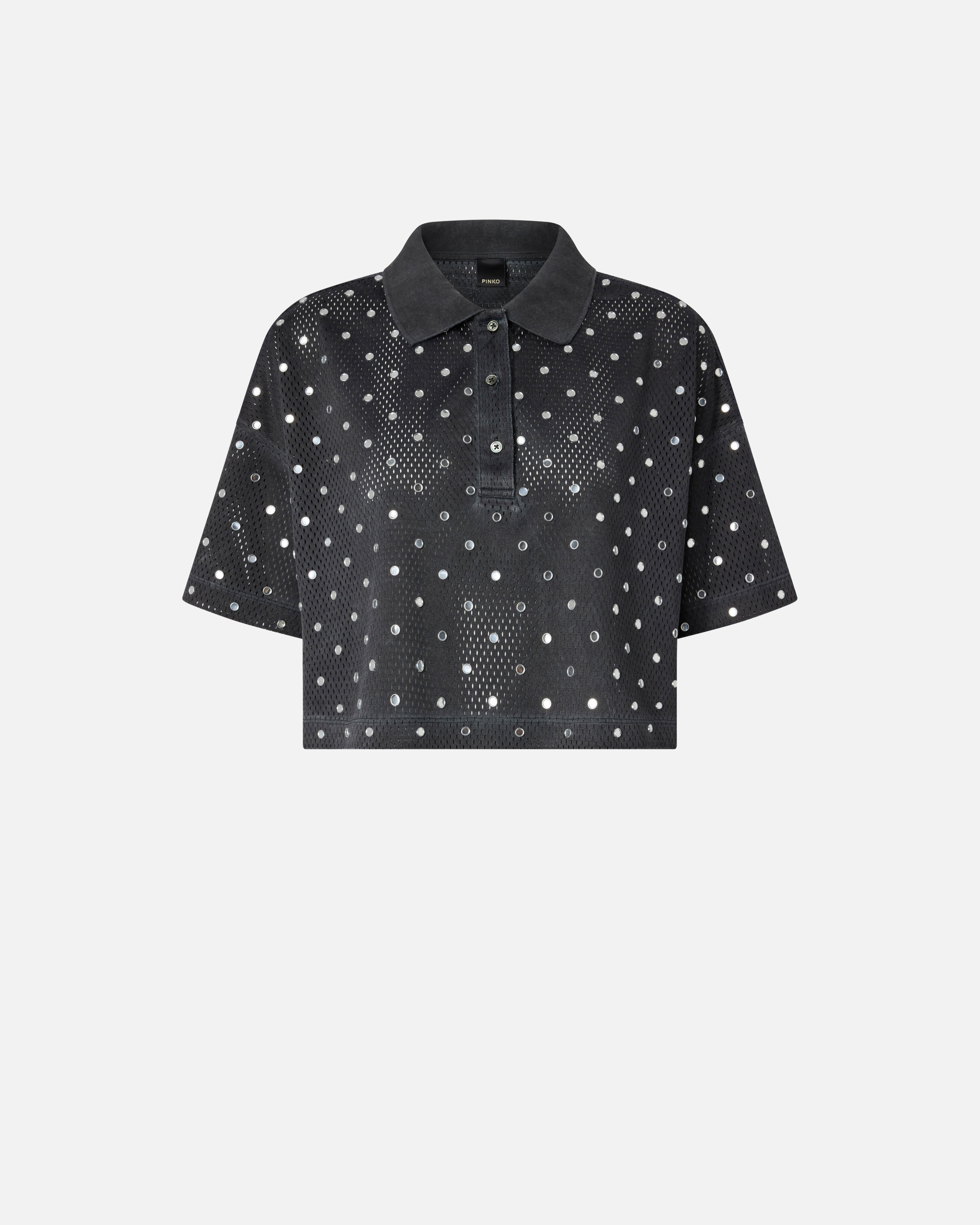 Polo cropped en maille filet à sequins miroirs PINKO Gris