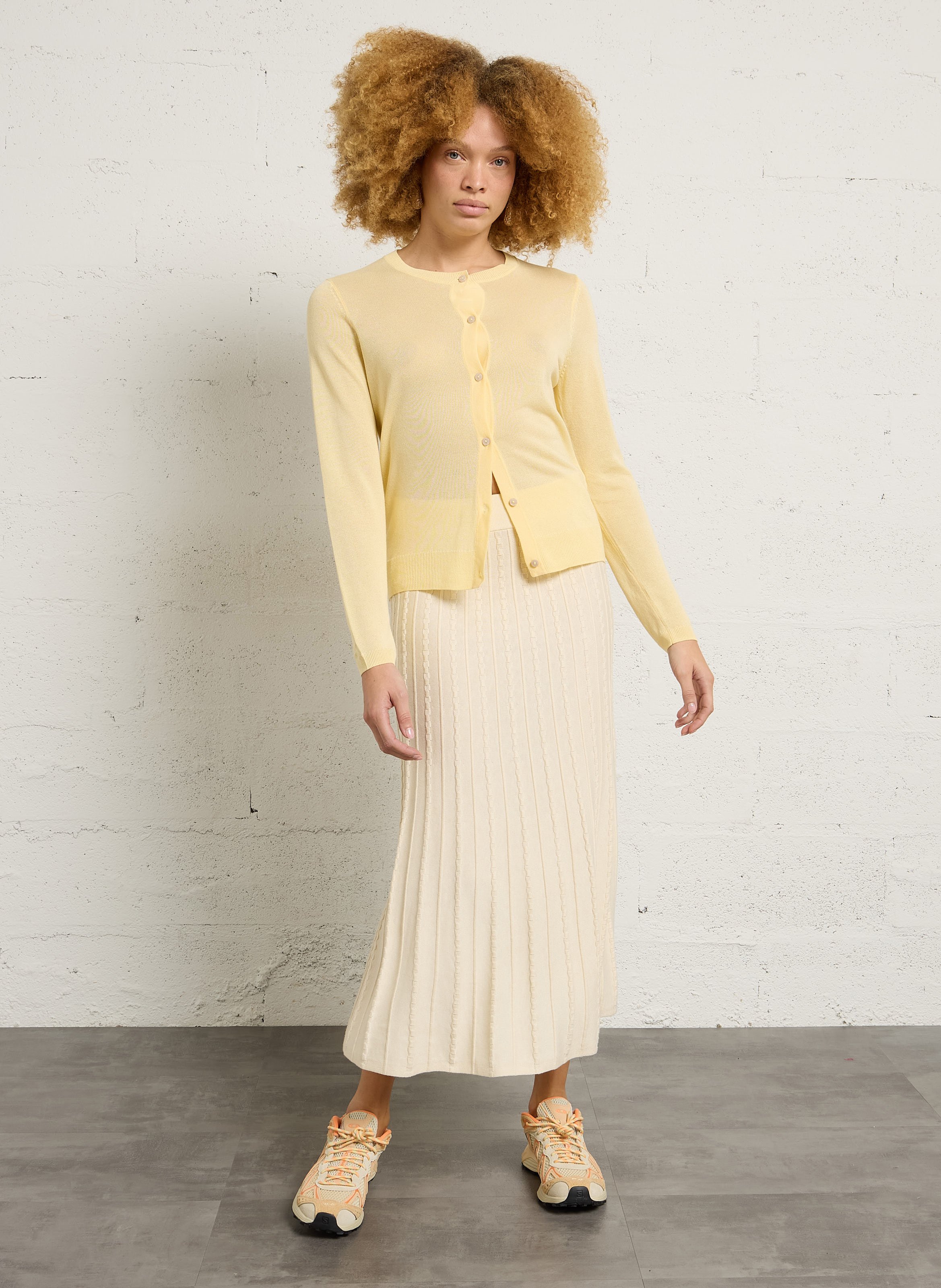 Straight round-neck mixed knit cardigan MAISON 123 Yellow