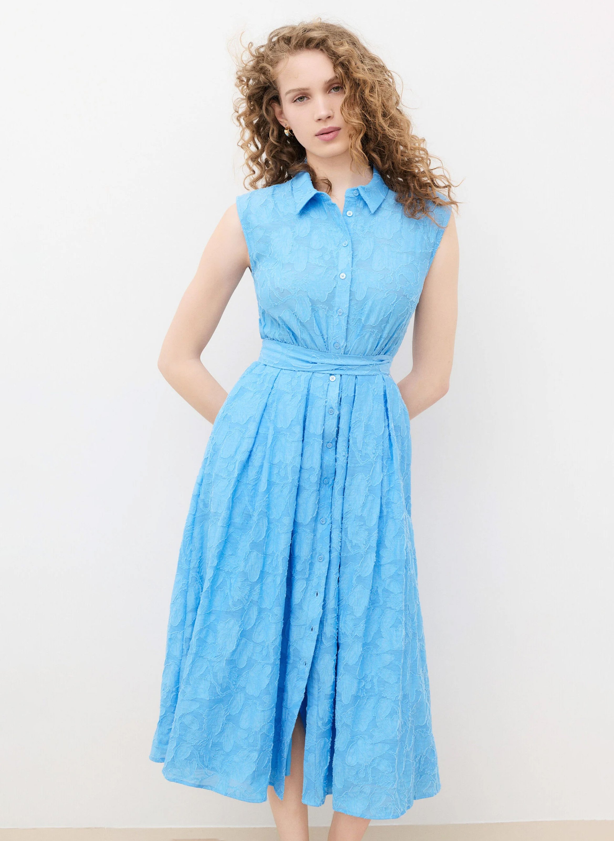Robe midi ceinturée en coton mélangé CAROLL Bleu