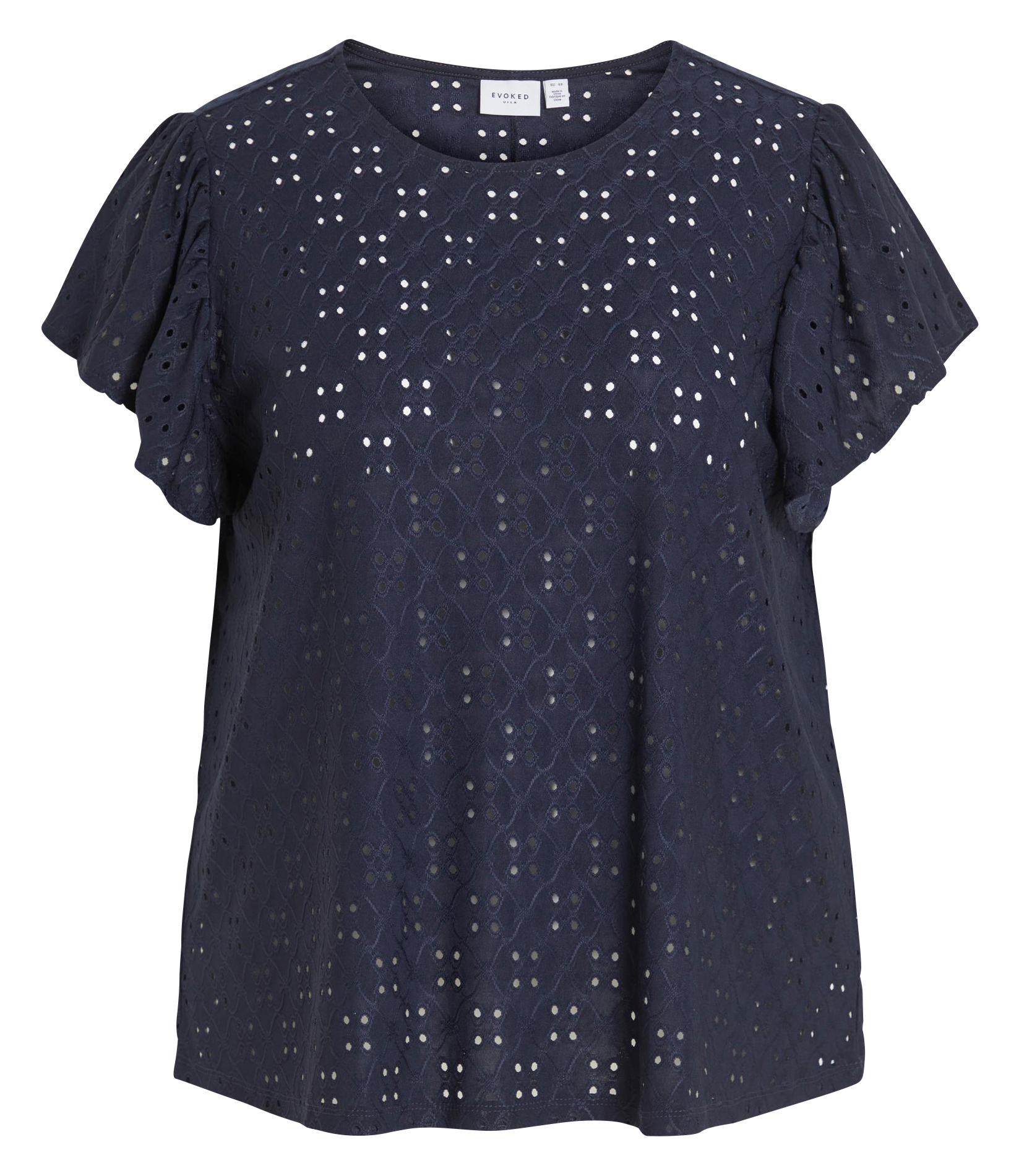 Top col rond broderies ajourées  EVOKED Bleu