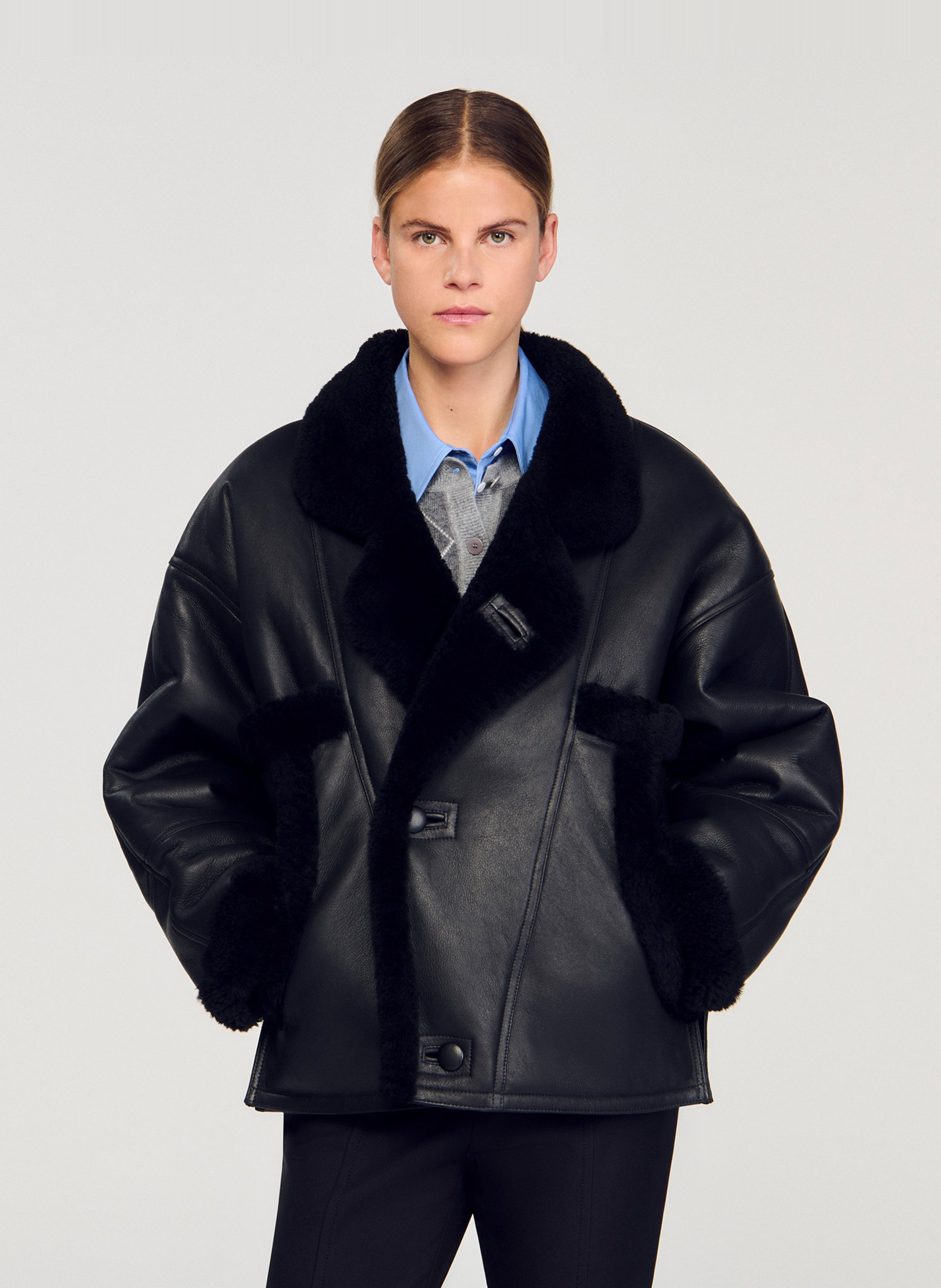 Oversized leren jas met knopen SANDRO Zwart