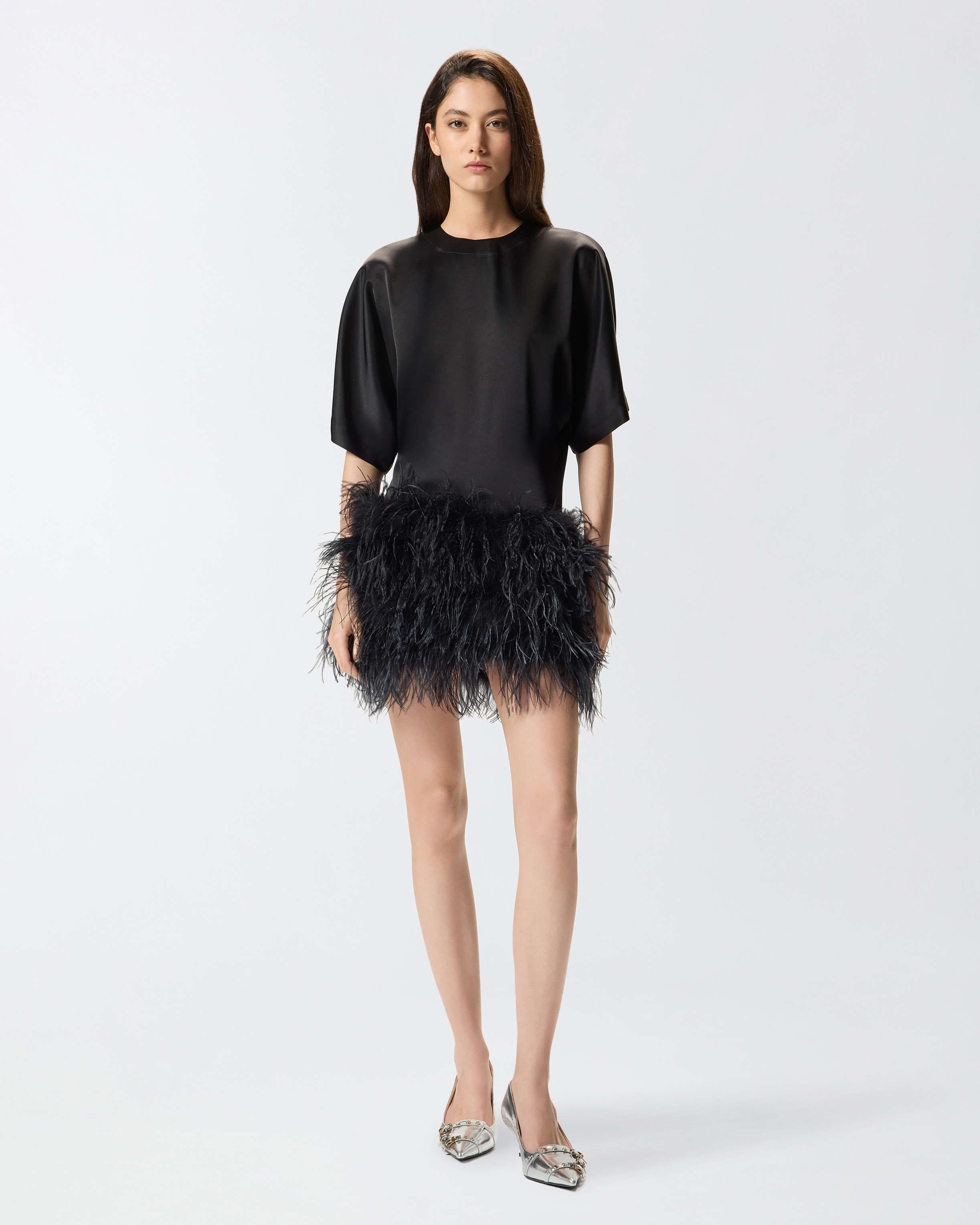 Shiny satin evening dress with feathers PINKO Black