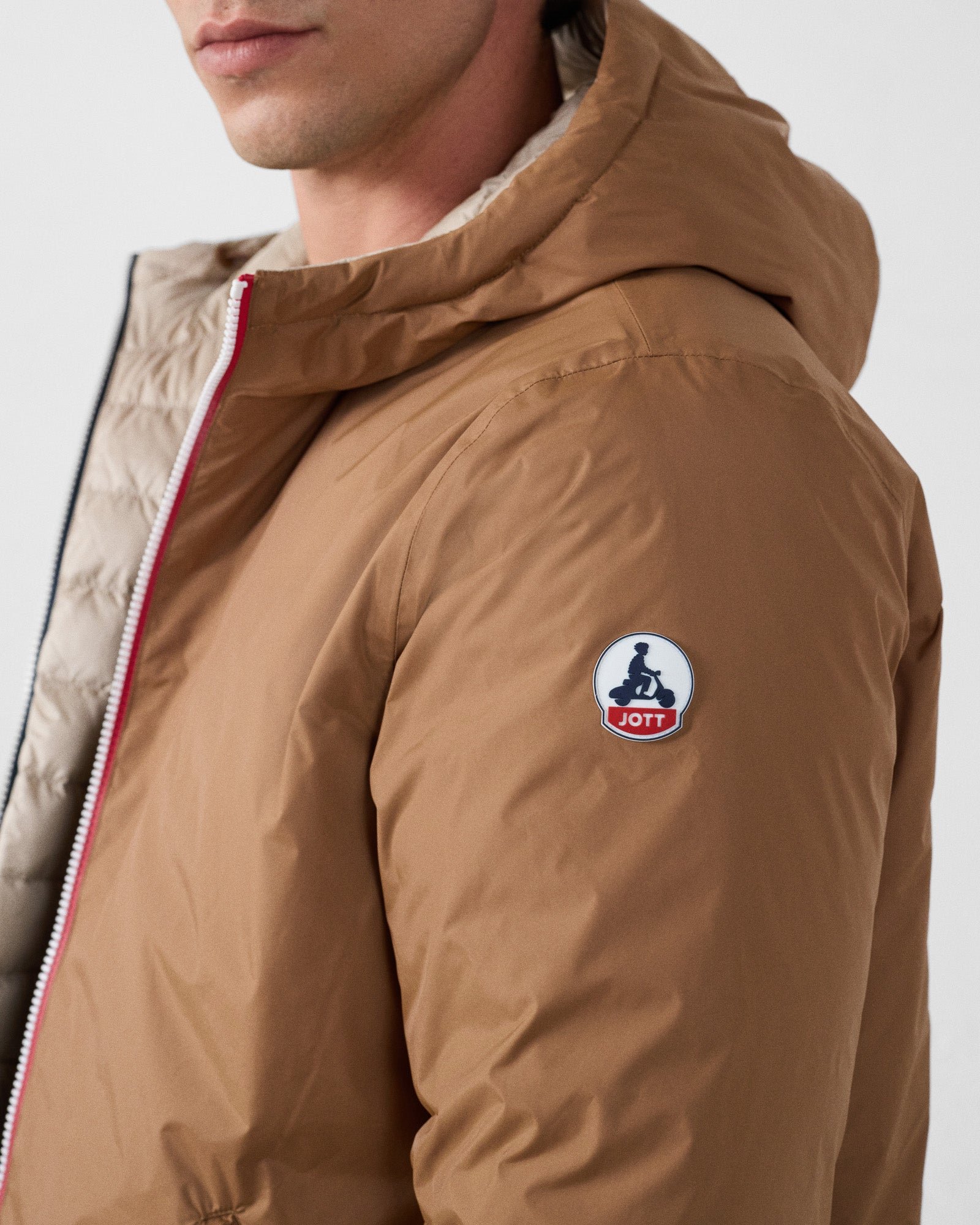 Reversible long jacket in brown sugar/beige. JOTT Brown