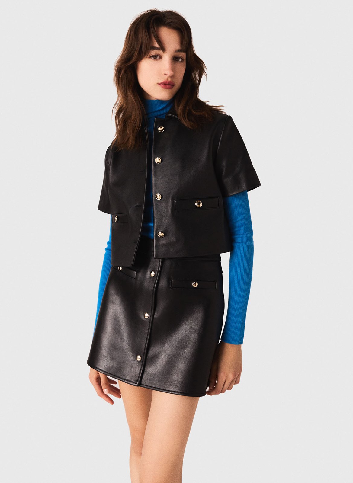 Veste droite en cuir MAJE Noir