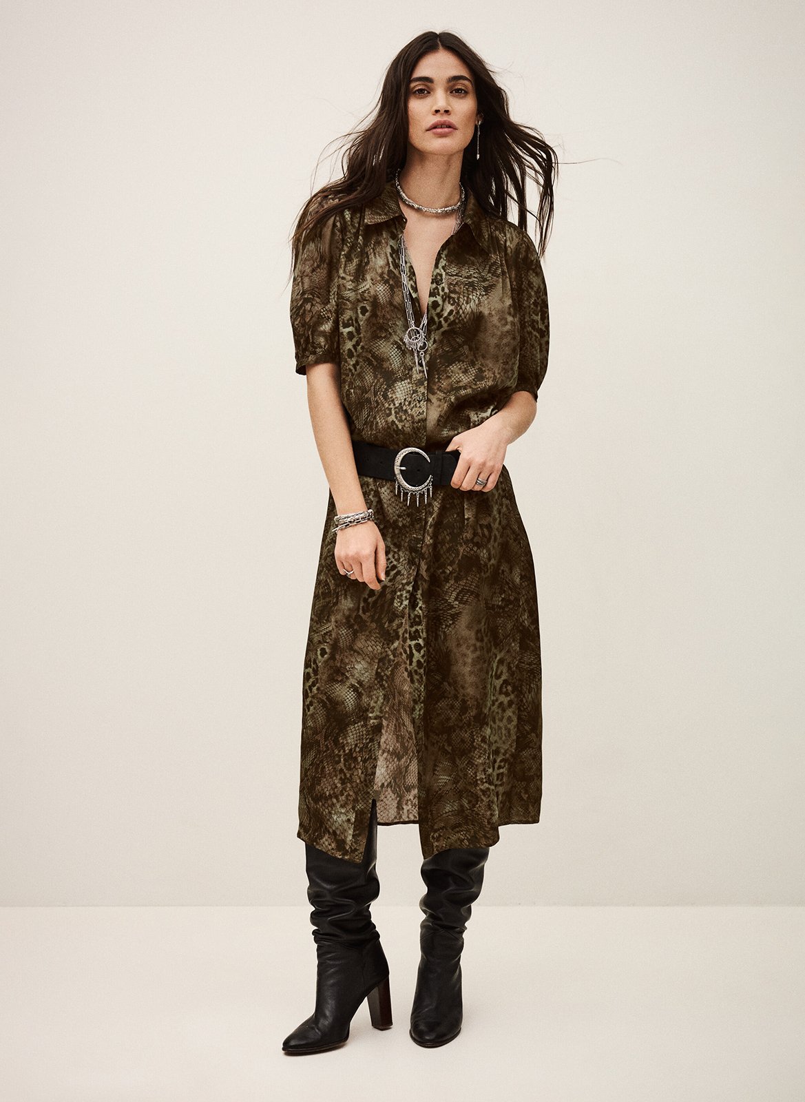 Robe longue col classique imprimée BA&SH Kaki