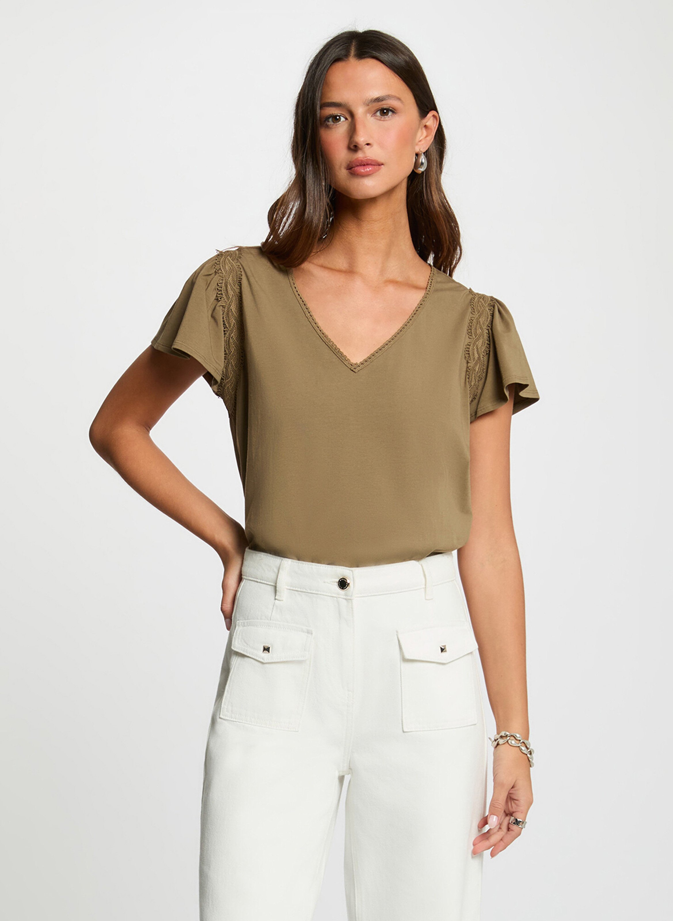 Gerade geschnittenes T-Shirt mit V-Ausschnitt aus Baumwoll-Mix MORGAN Grun