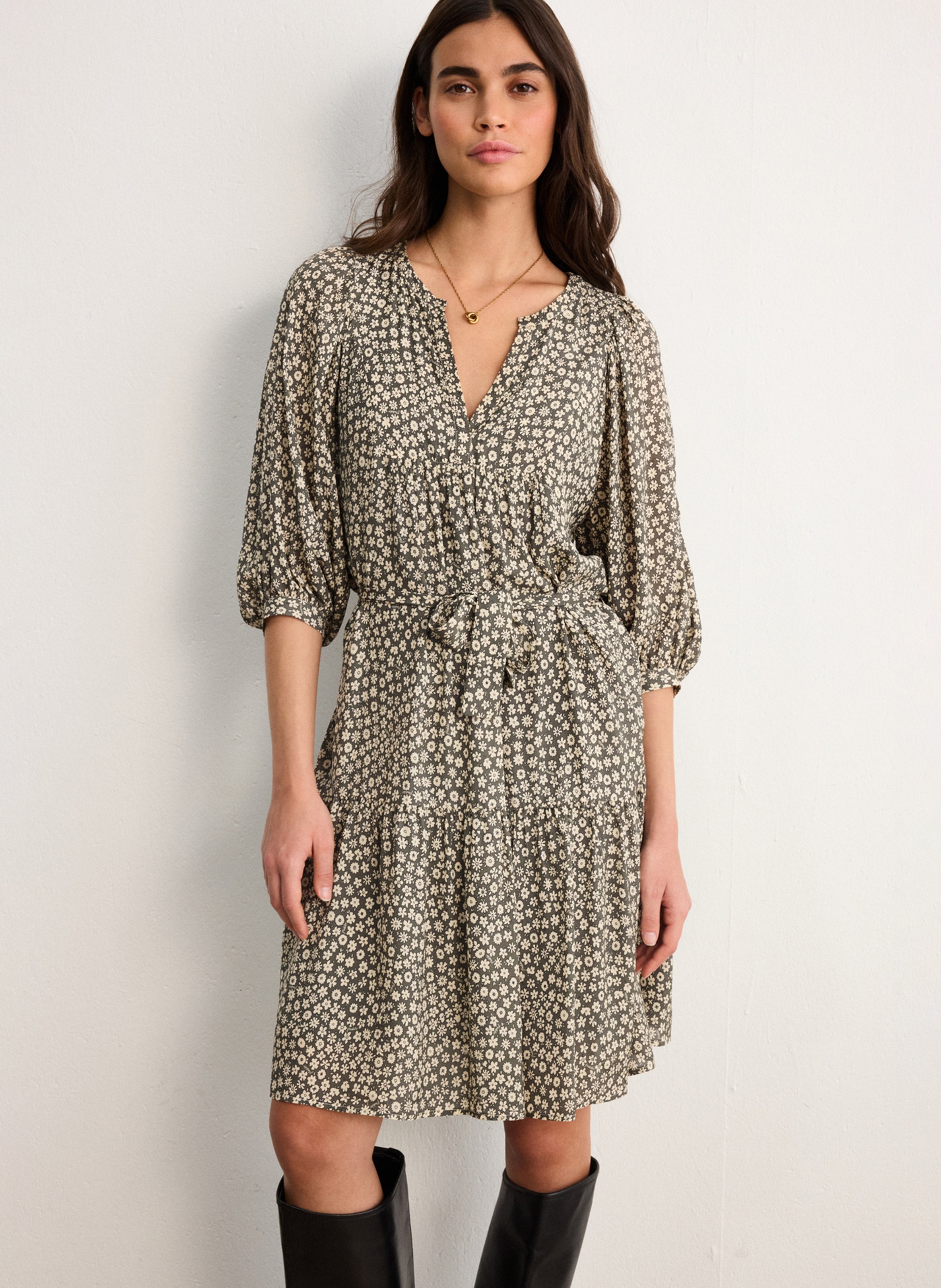 Robe courte imprimée col tunisien PABLO Kaki