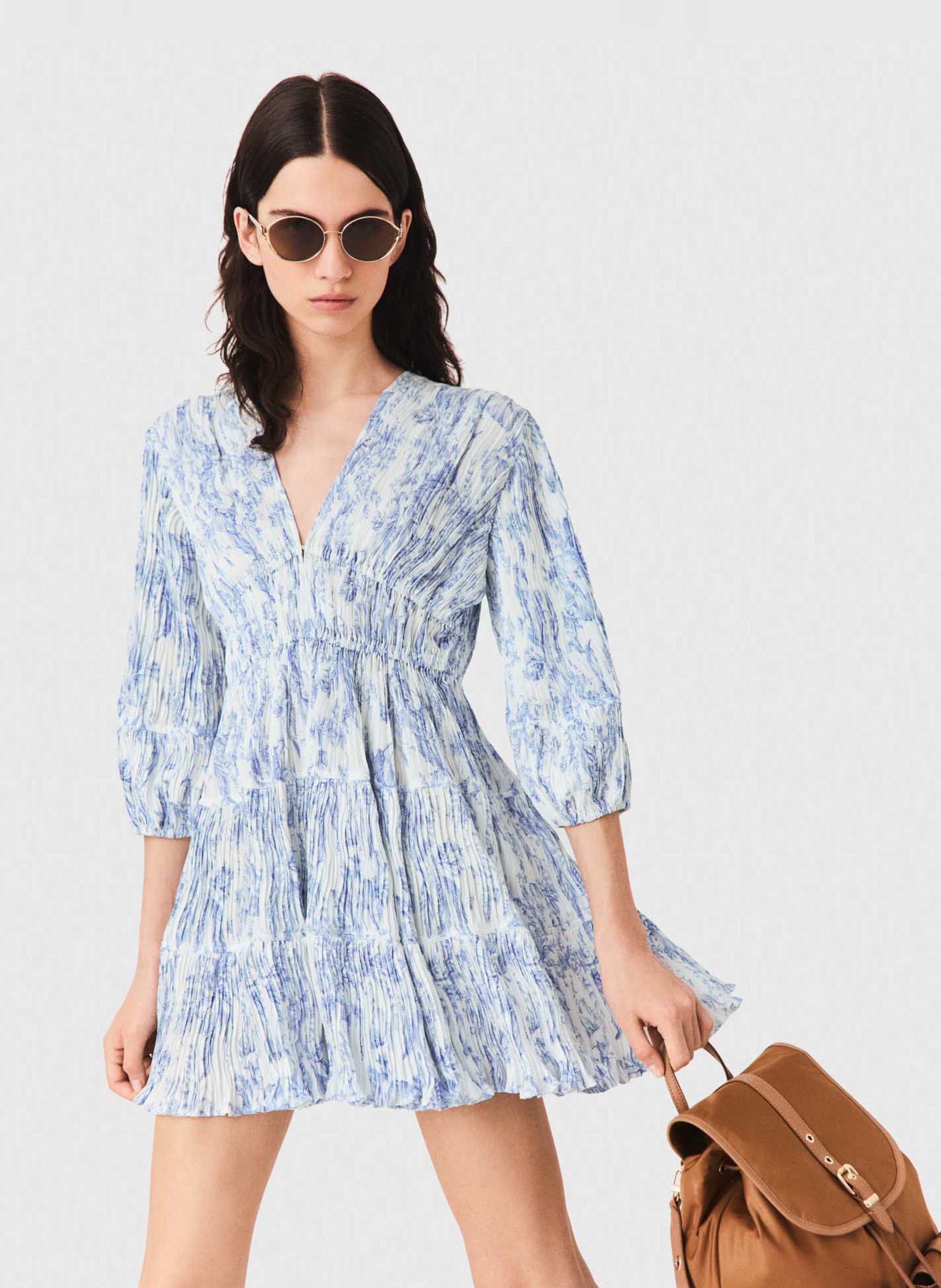 Robe courte col V imprimée MAJE Bleu