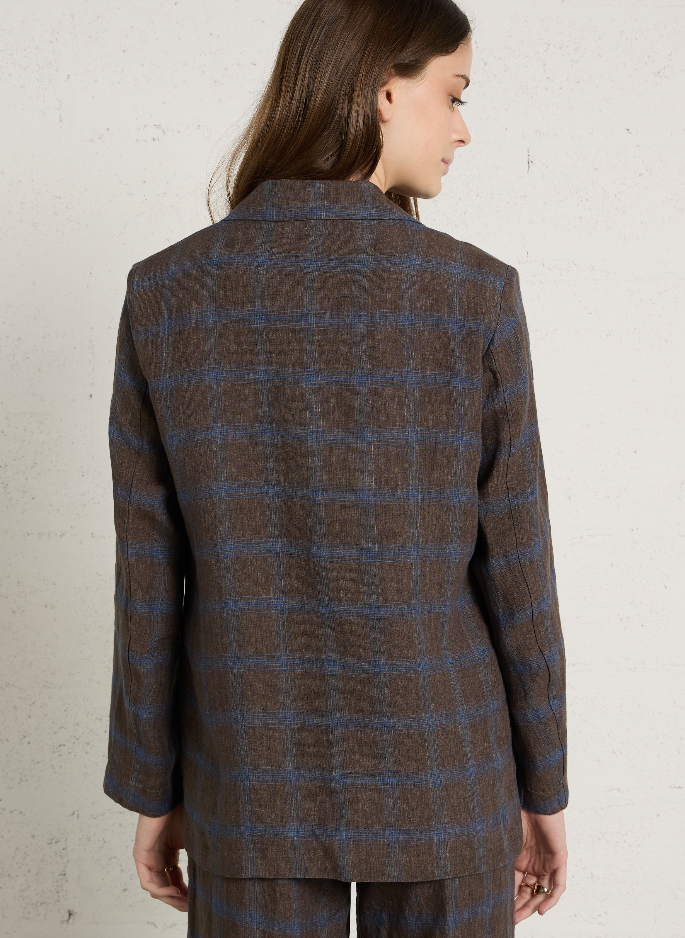 Veste droite col tailleur à carreaux en lin Multicolore