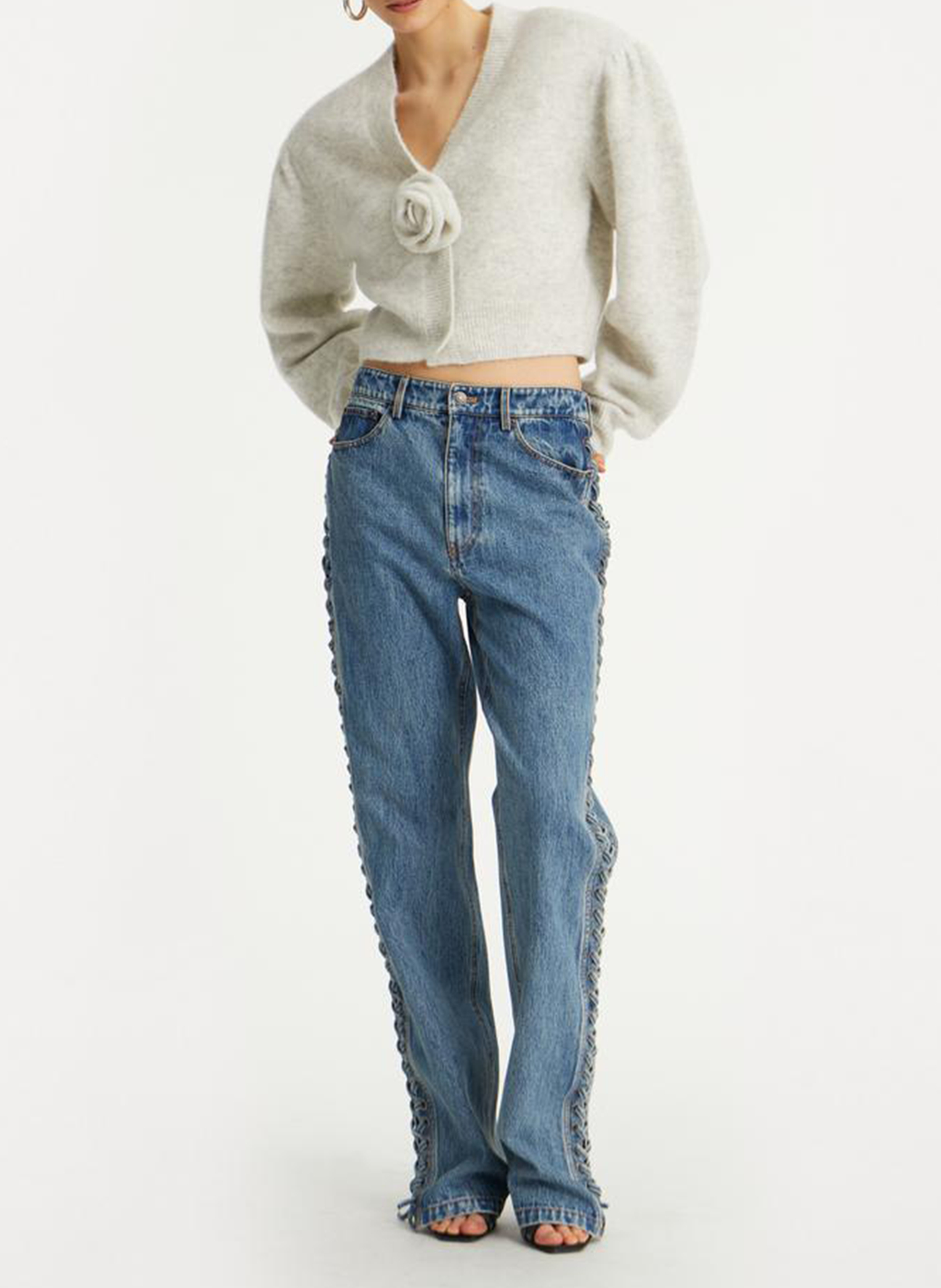 Gestreifte Strickjacke aus Wolle und Kaschmir mit V-Ausschnitt ROTATE Weiss