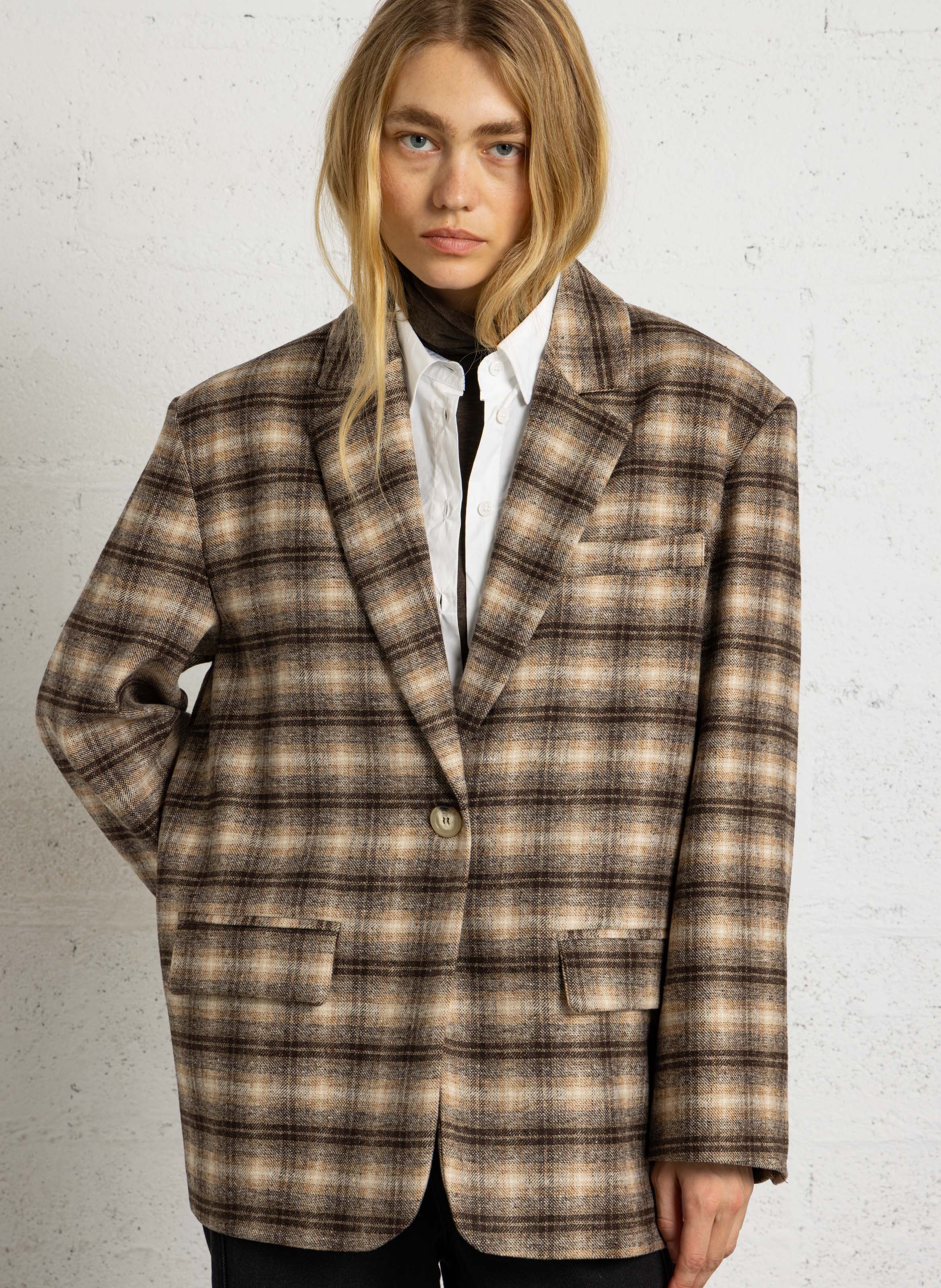 Ruime blazer met ruitjes en revers PLEASE Beige