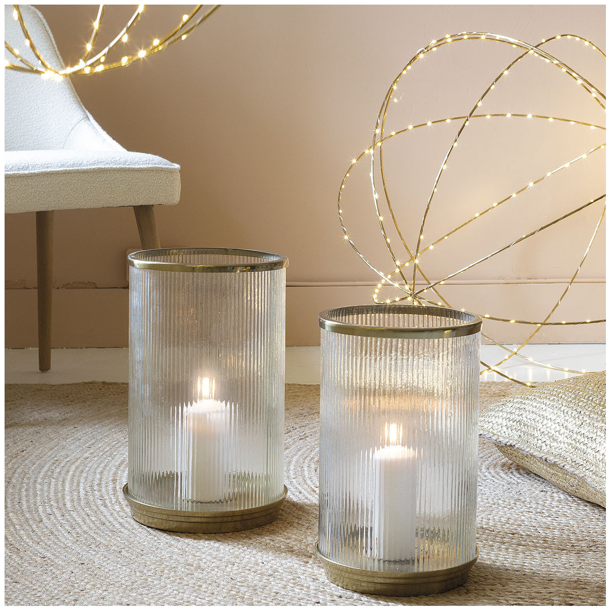 Oscar glass and gold metal ribbed votive holder - large size - ø 24.5 x 38.5 cm BLANC D'IVOIRE Golden