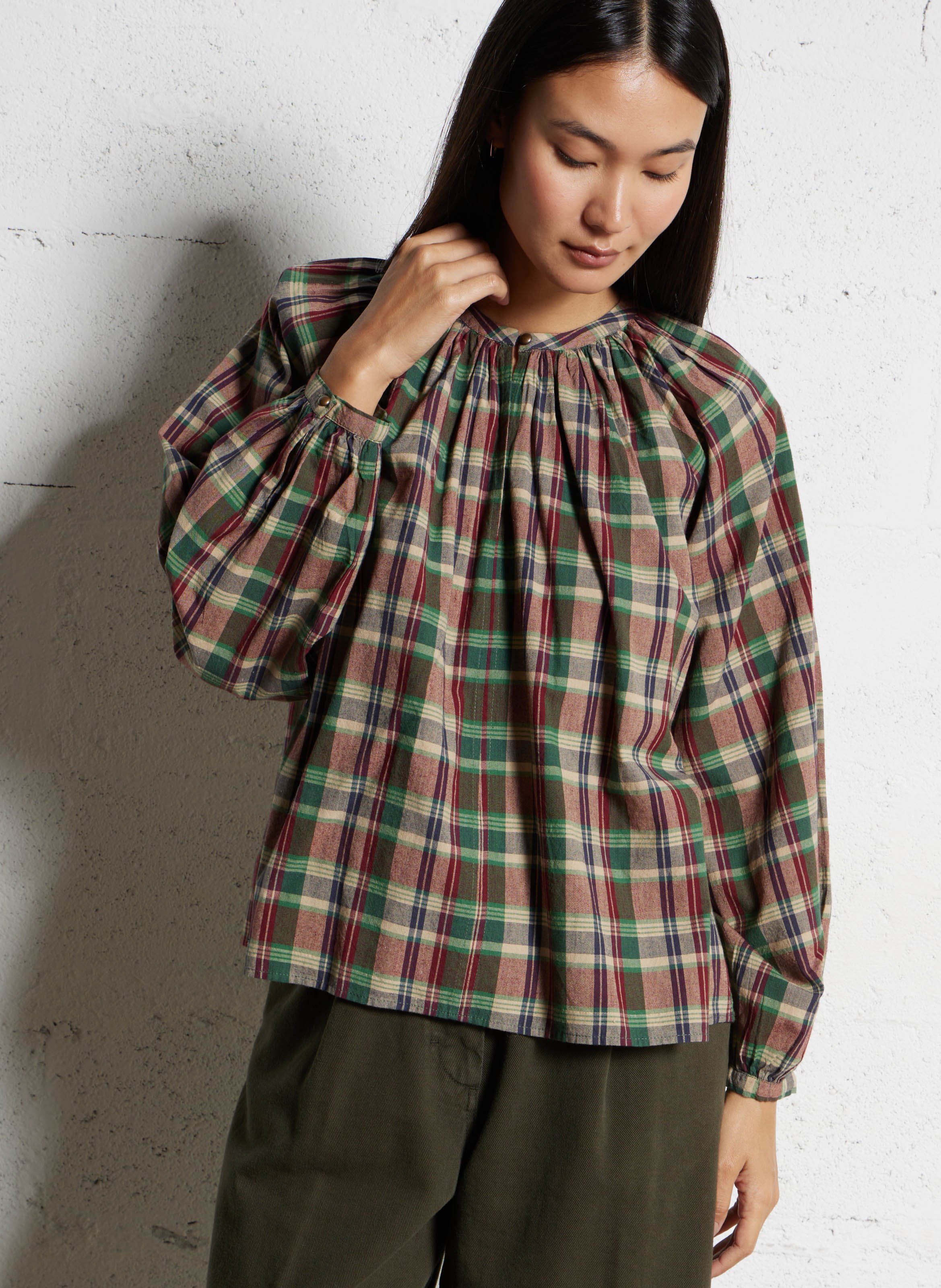 Checked round neck blouse BELLEPIECE Purple