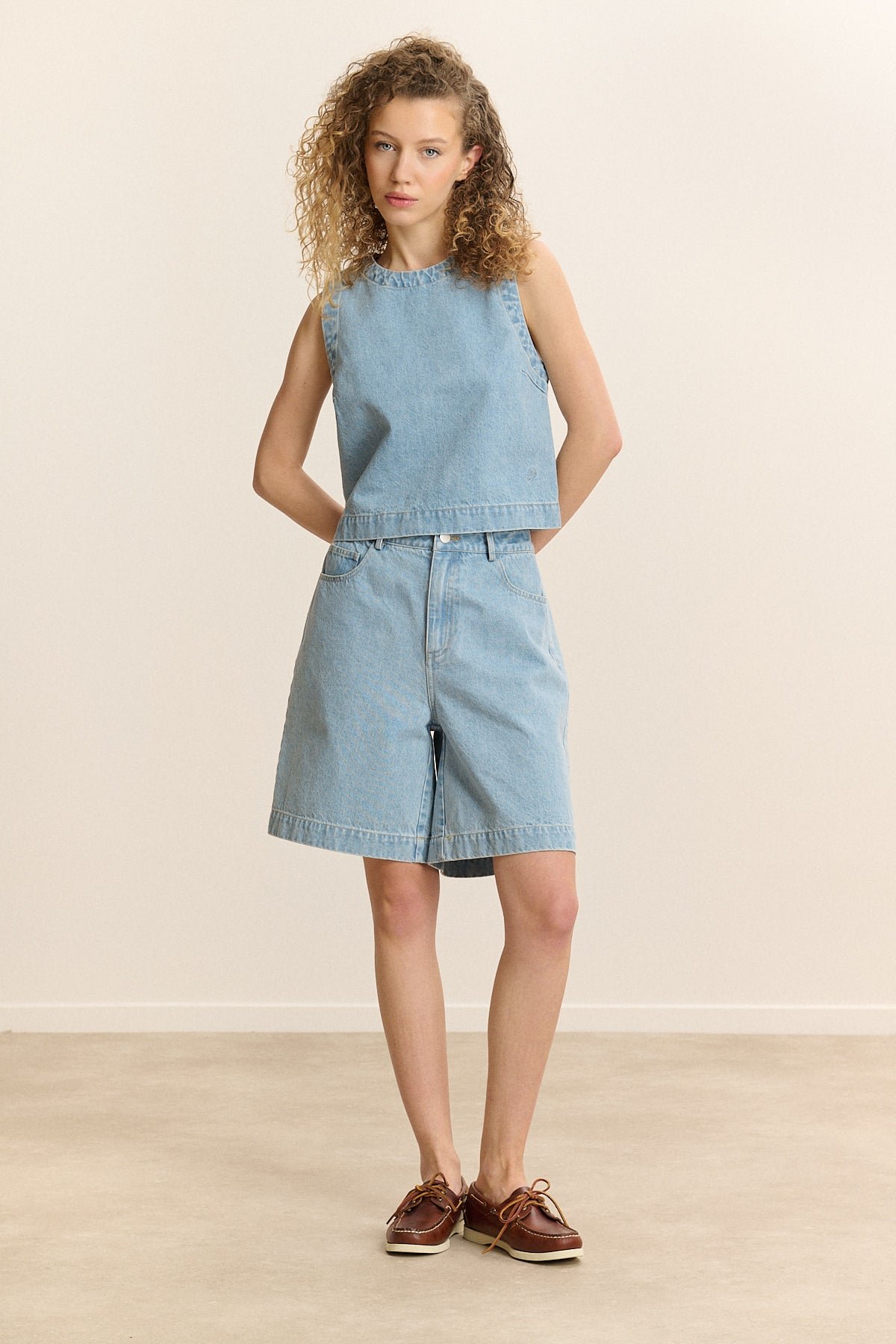 High-waisted straight Bermuda shorts in denim. GARANCE PARIS Blue