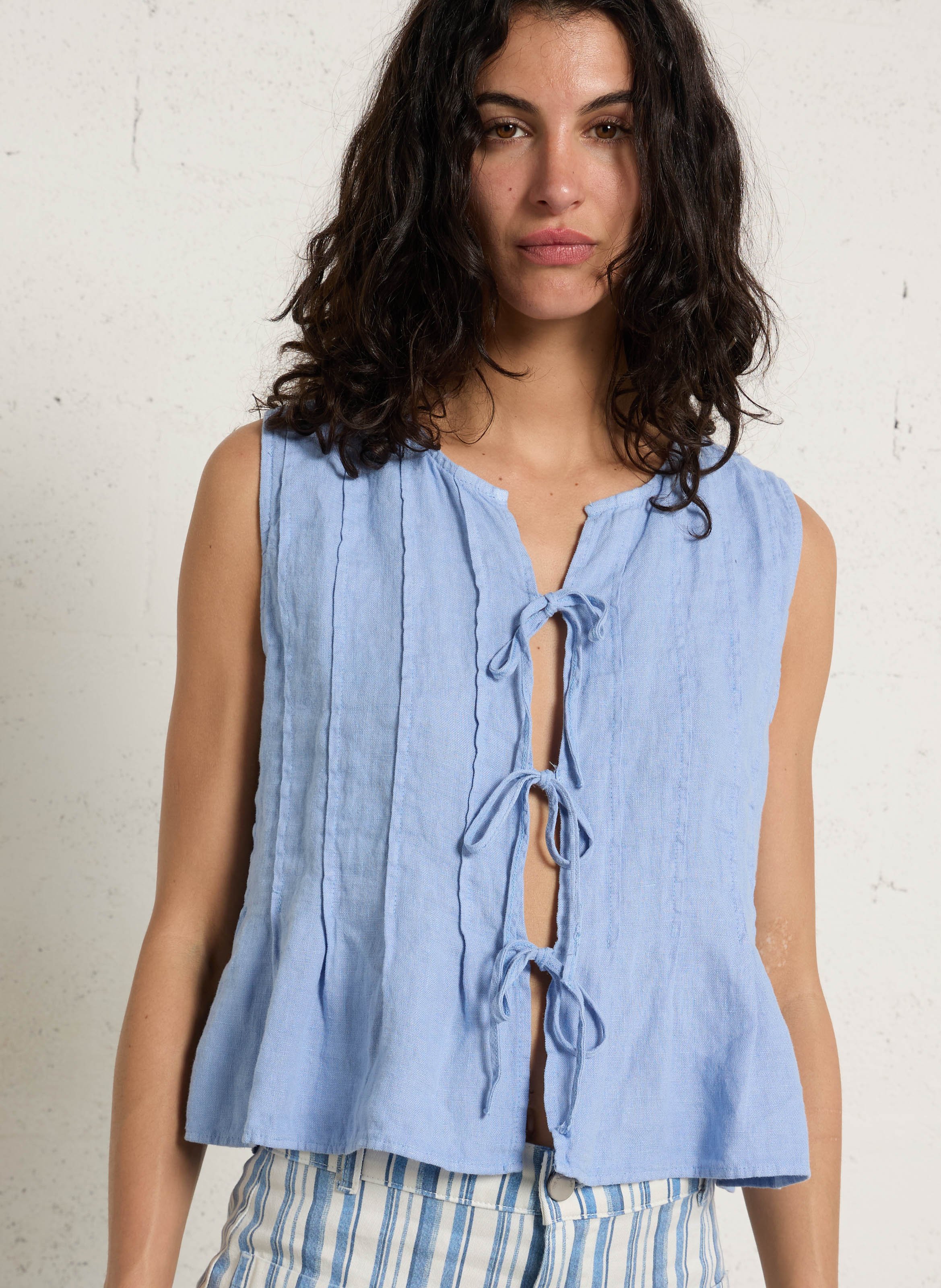 Round neck linen top THE NEW SOCIETY Blue