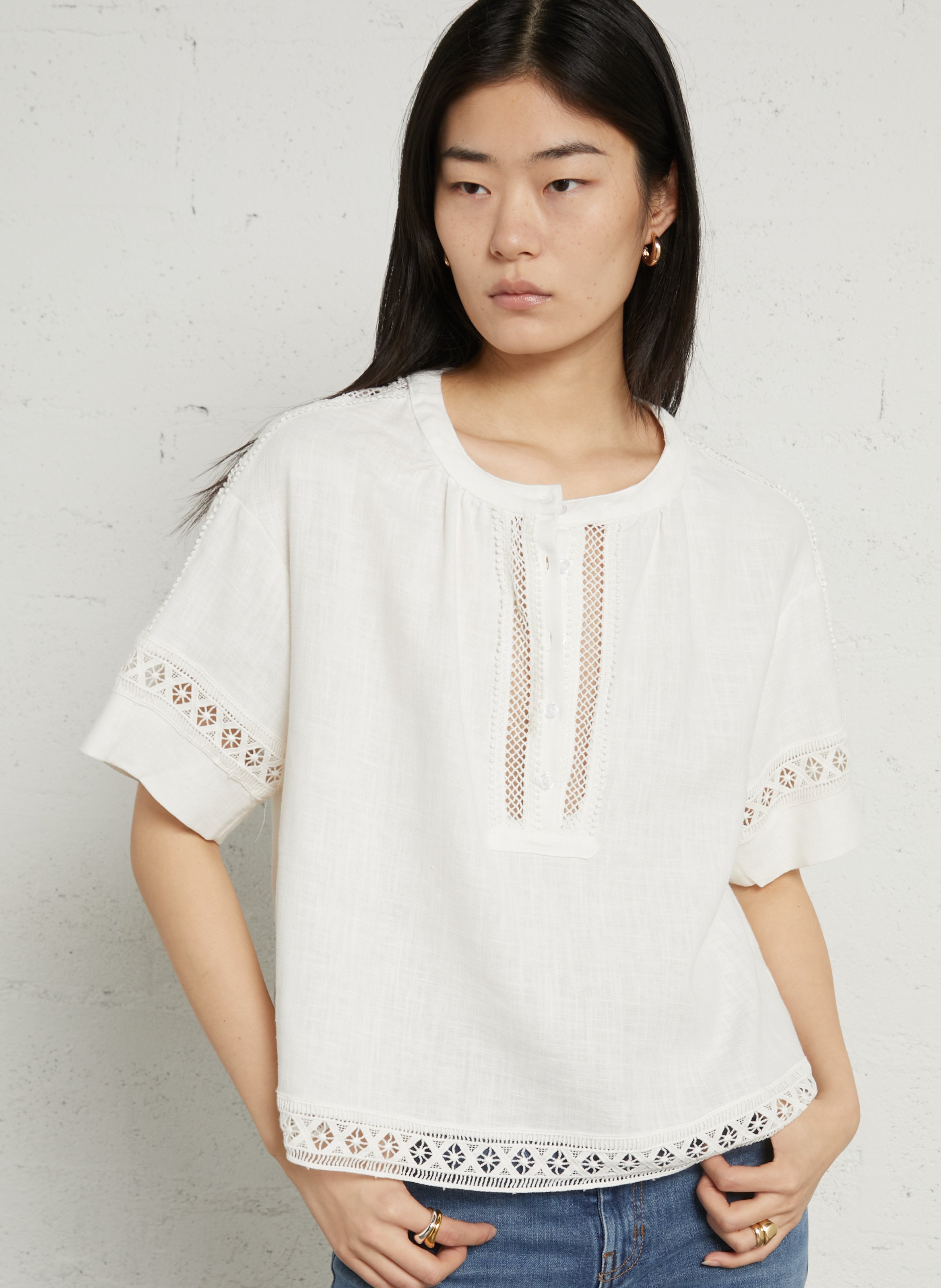 Top ample col rond en lin et coton SEE U SOON Blanc