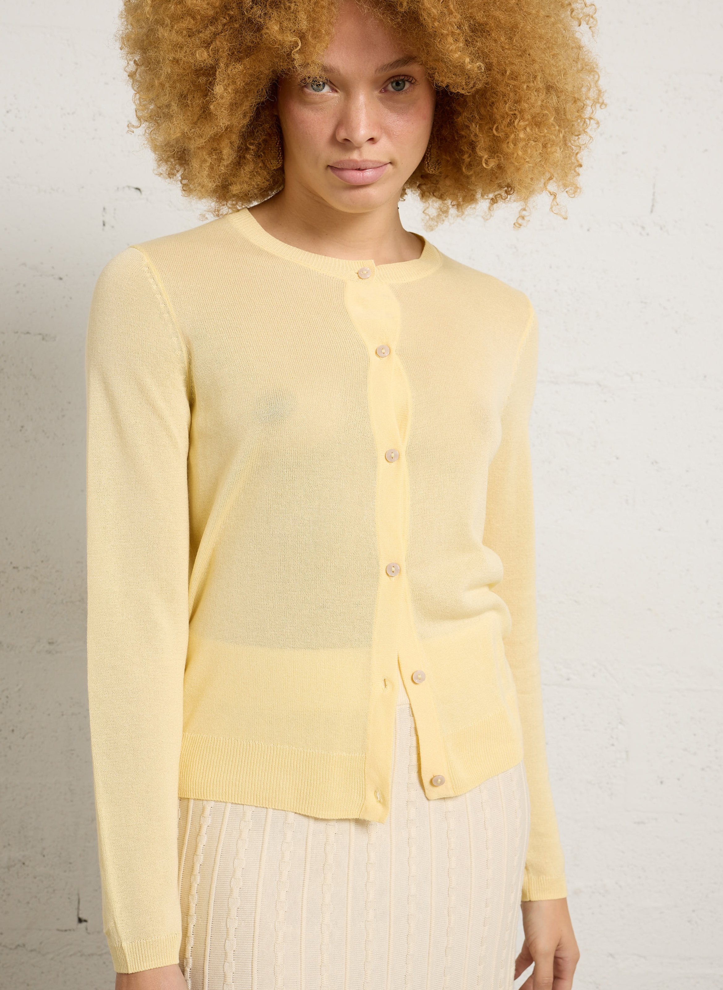Straight round-neck mixed knit cardigan MAISON 123 Yellow