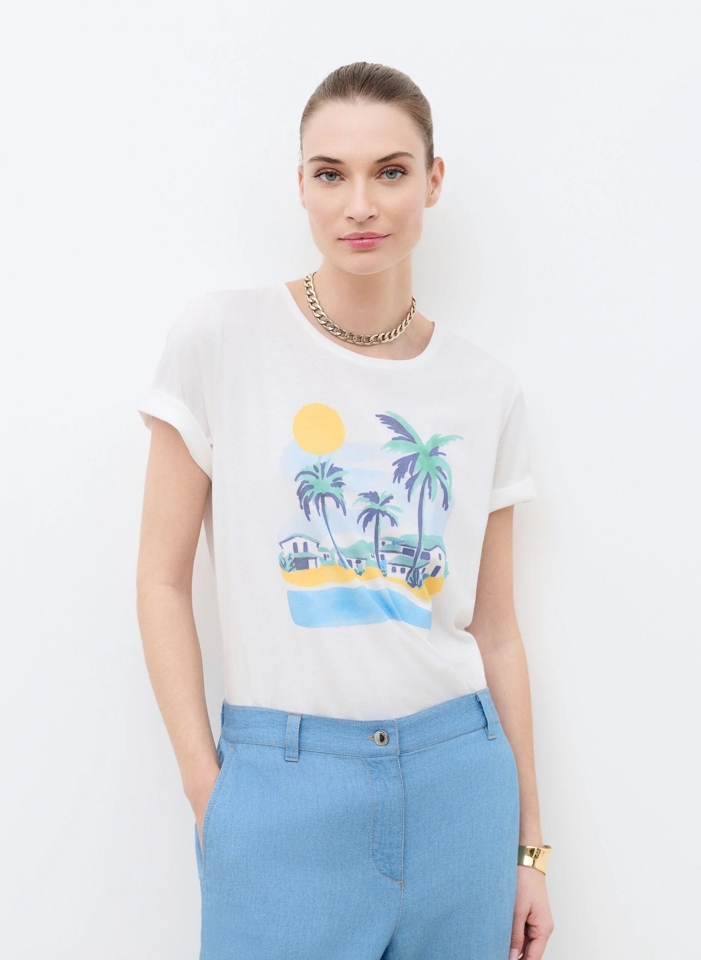 T-shirt droit col rond en coton mélangé CAROLL Beige