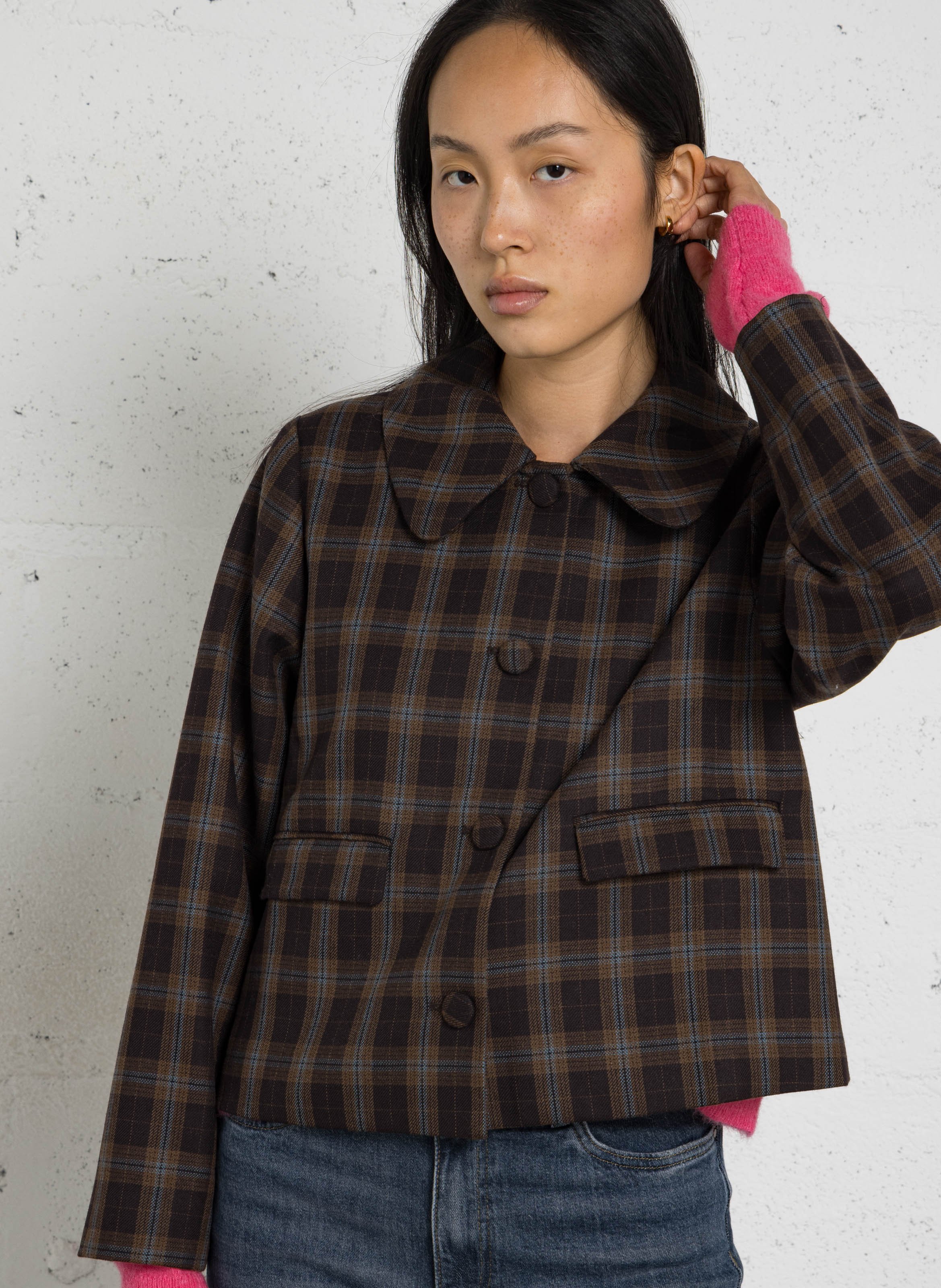 Checked pattern collar jacket THE TINY BIG SISTER Brown
