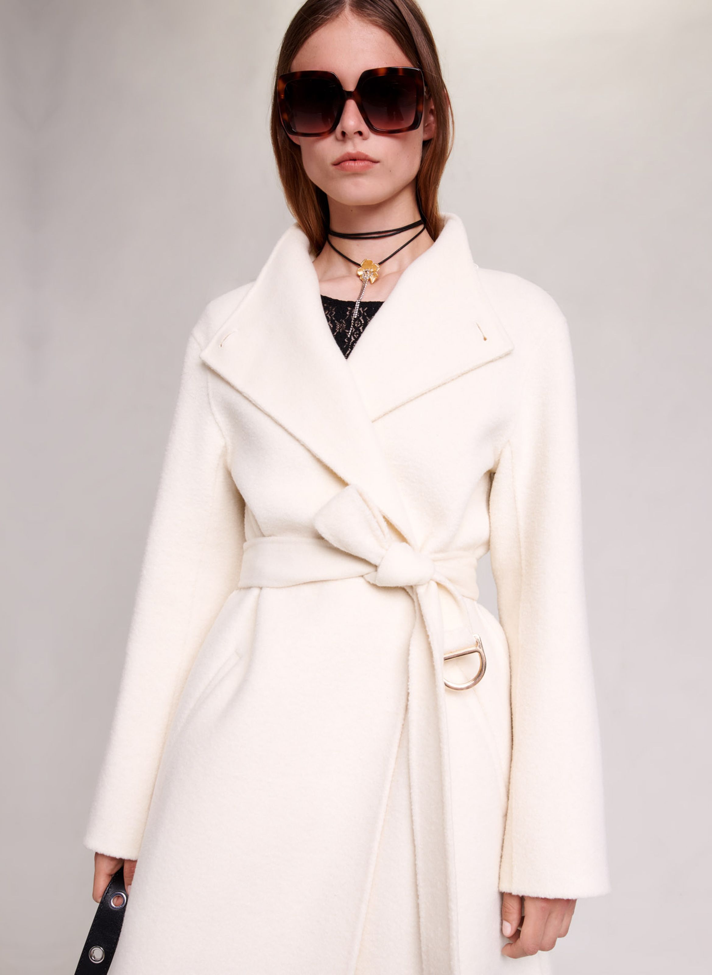 White Open neck coat in wool blend