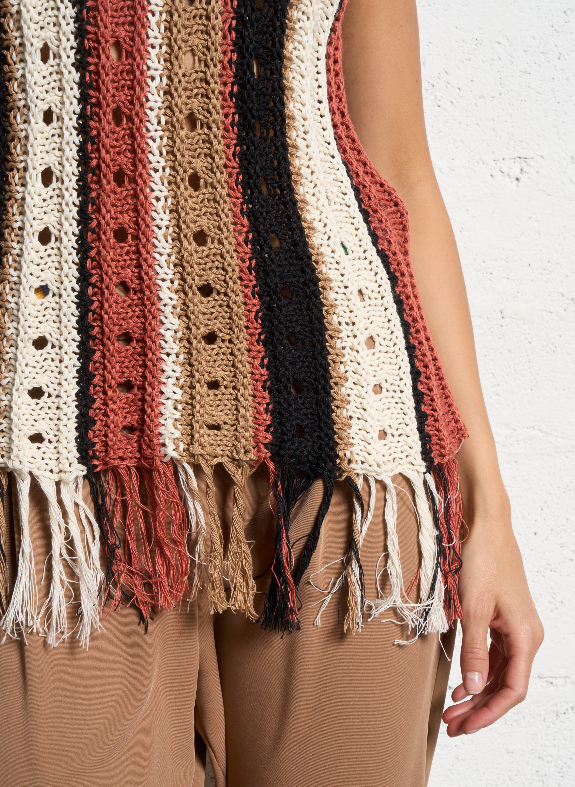 Pull sans manches rayé à franges Multicolore