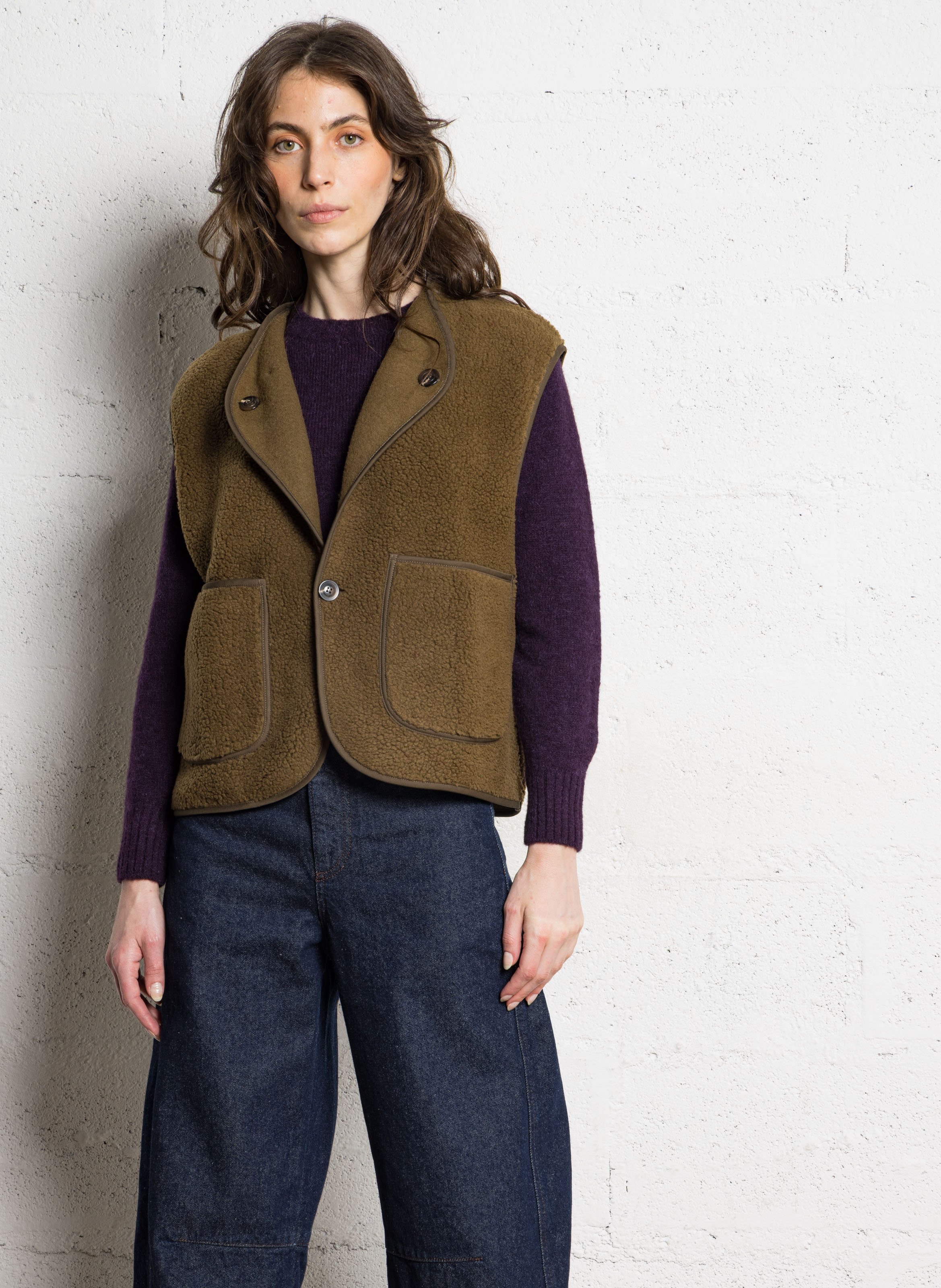 Veste sans manches droite boutonnée SOEUR Kaki