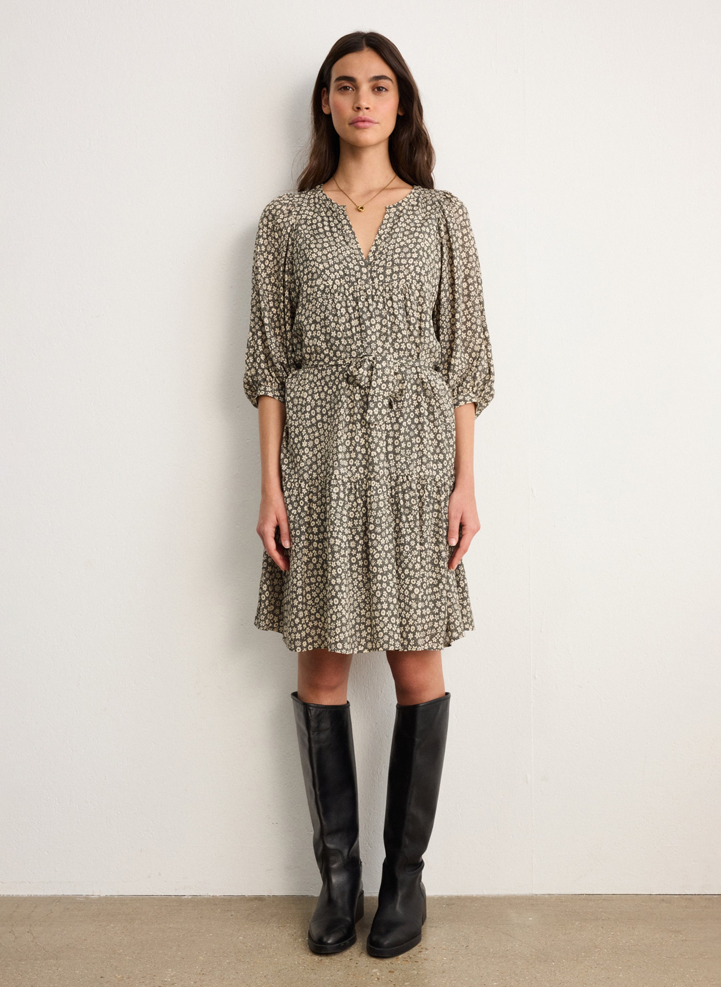 Robe courte imprimée col tunisien PABLO Kaki