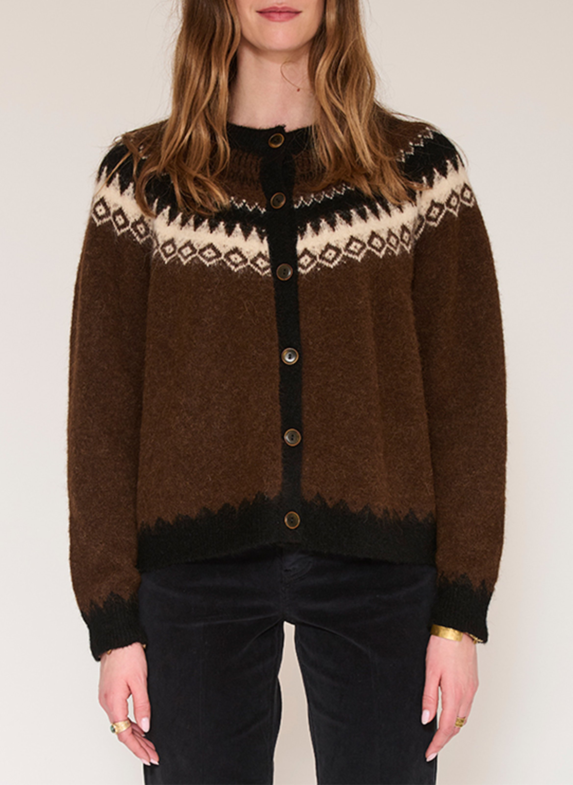 Gerader Cardigan mit Rundhalsausschnitt und Jacquardmuster aus Mischwolle MKT Braun