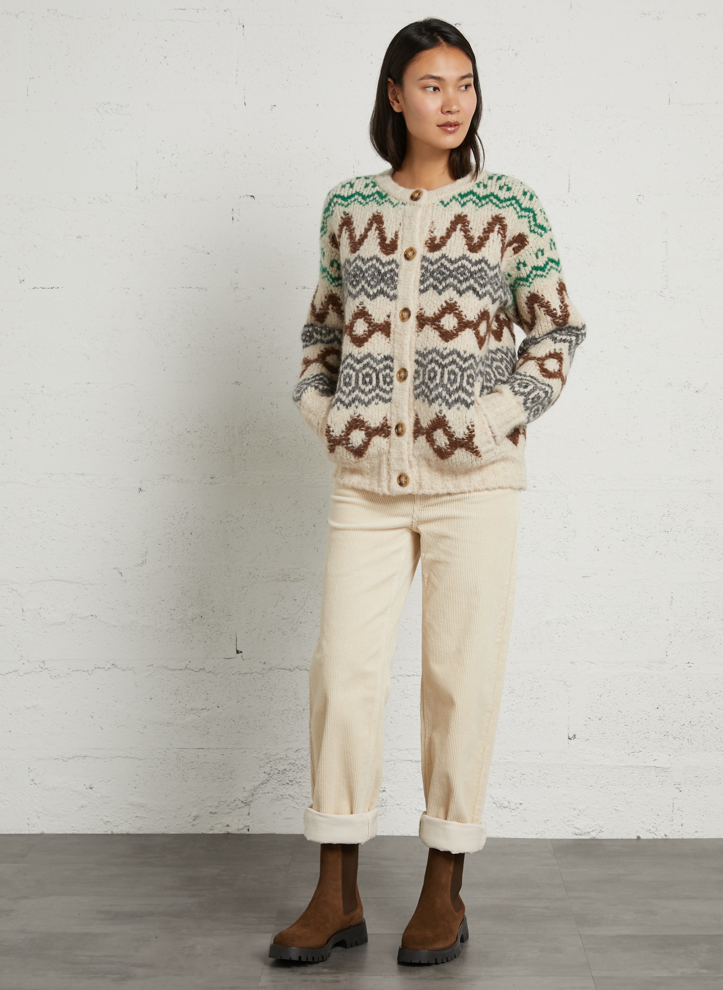 Weiter Rundhalsausschnitt Jacquard-Strickweste LEON & HARPER Mehrfarbig