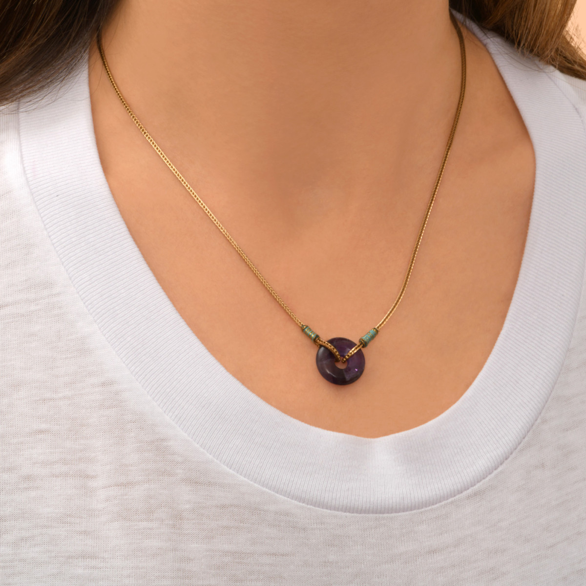 Adjustable pendant necklace Amethyst silk threads SATELLITE PARIS Purple