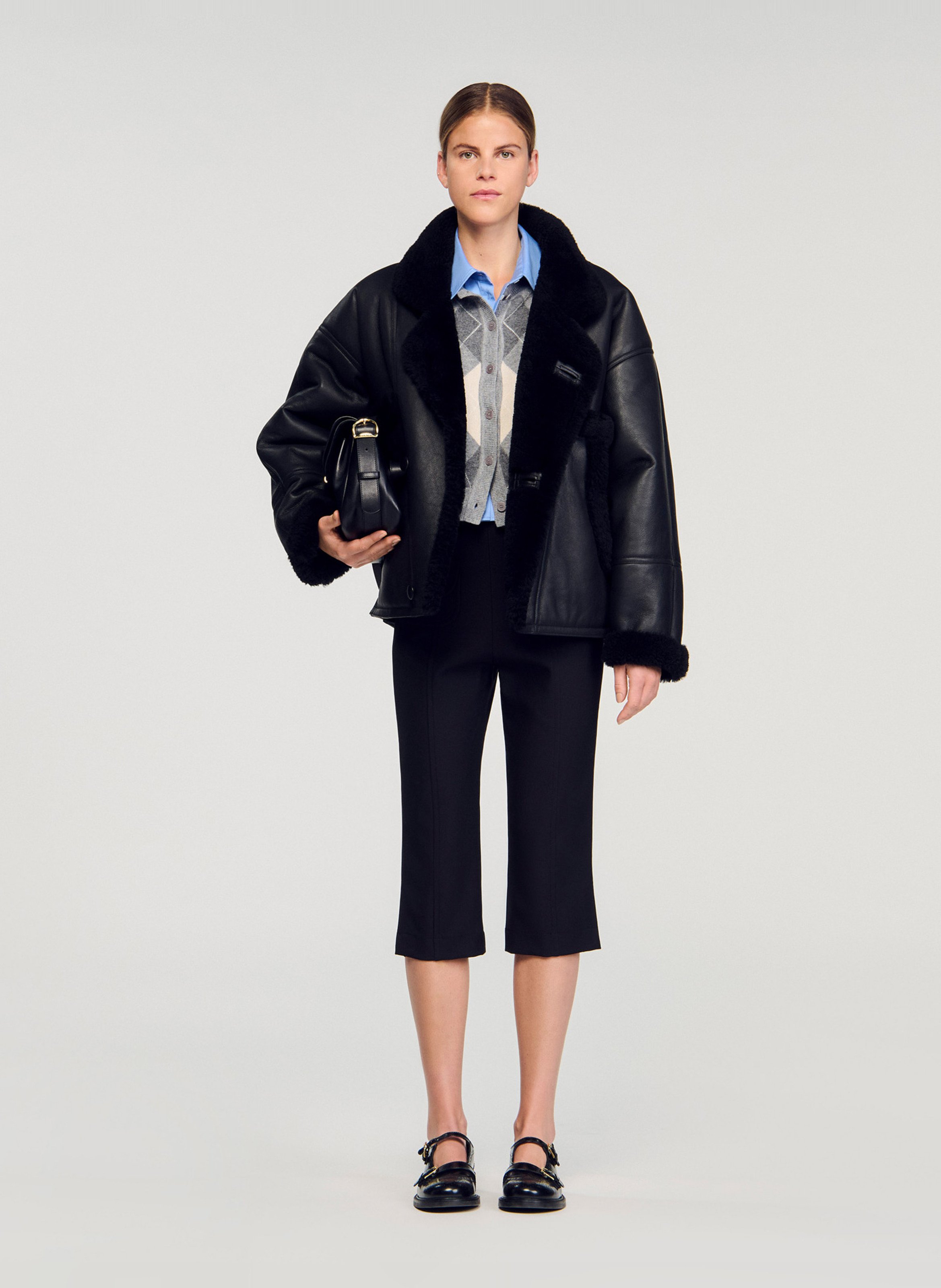 Oversized leren jas met knopen SANDRO Zwart