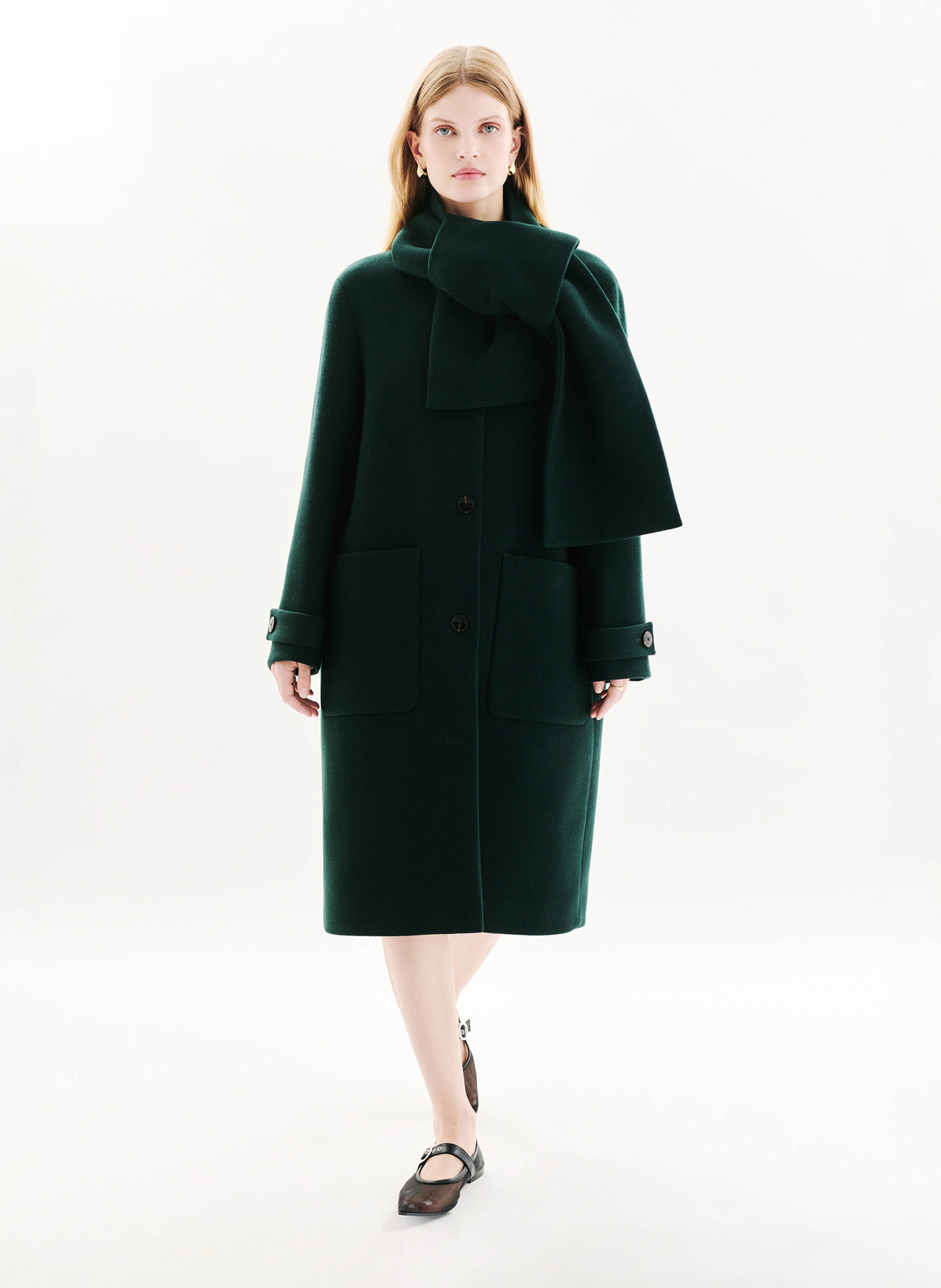 Manteau col montant en laine mélangée CAROLL Vert