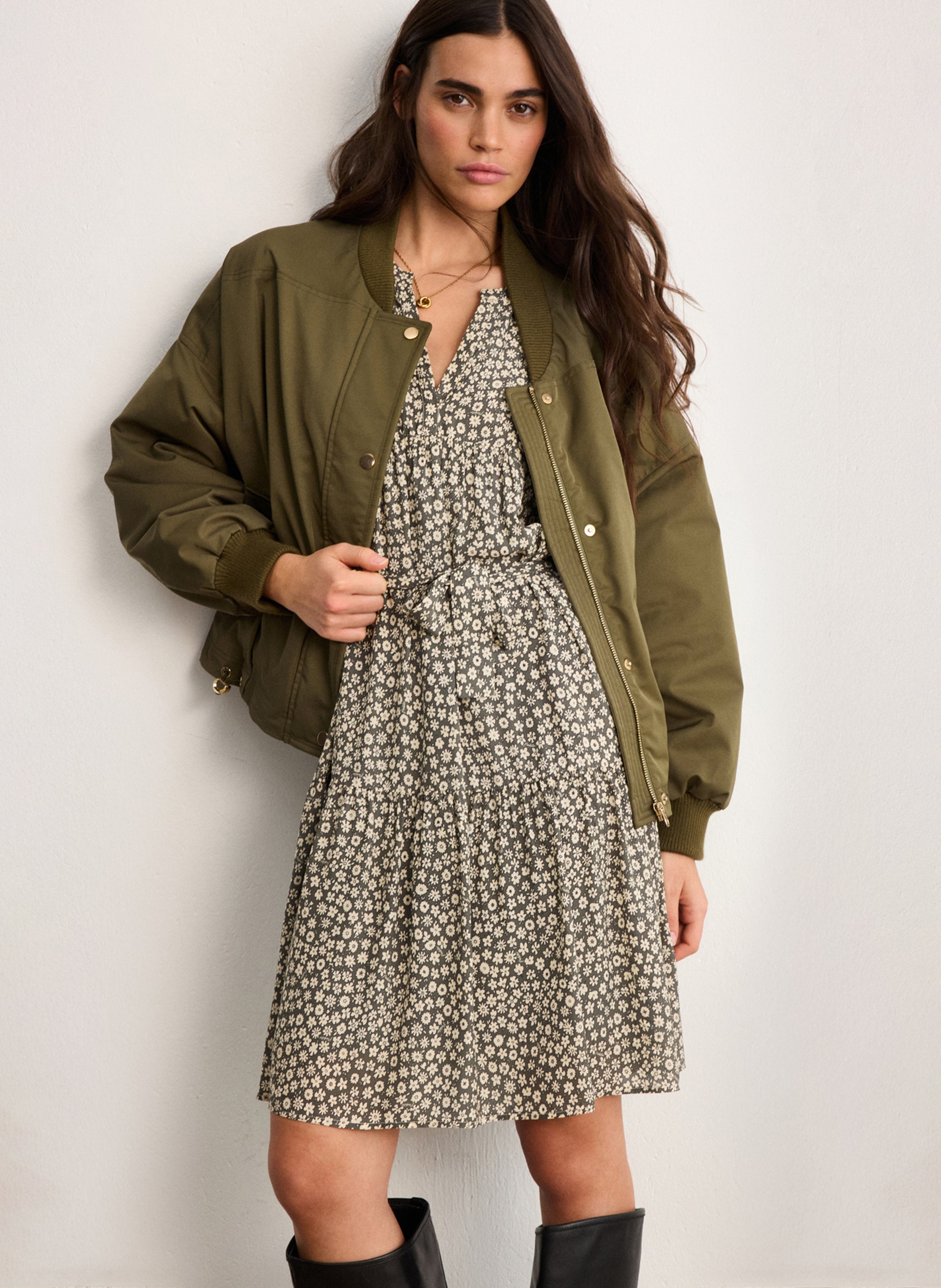 Robe courte imprimée col tunisien PABLO Kaki