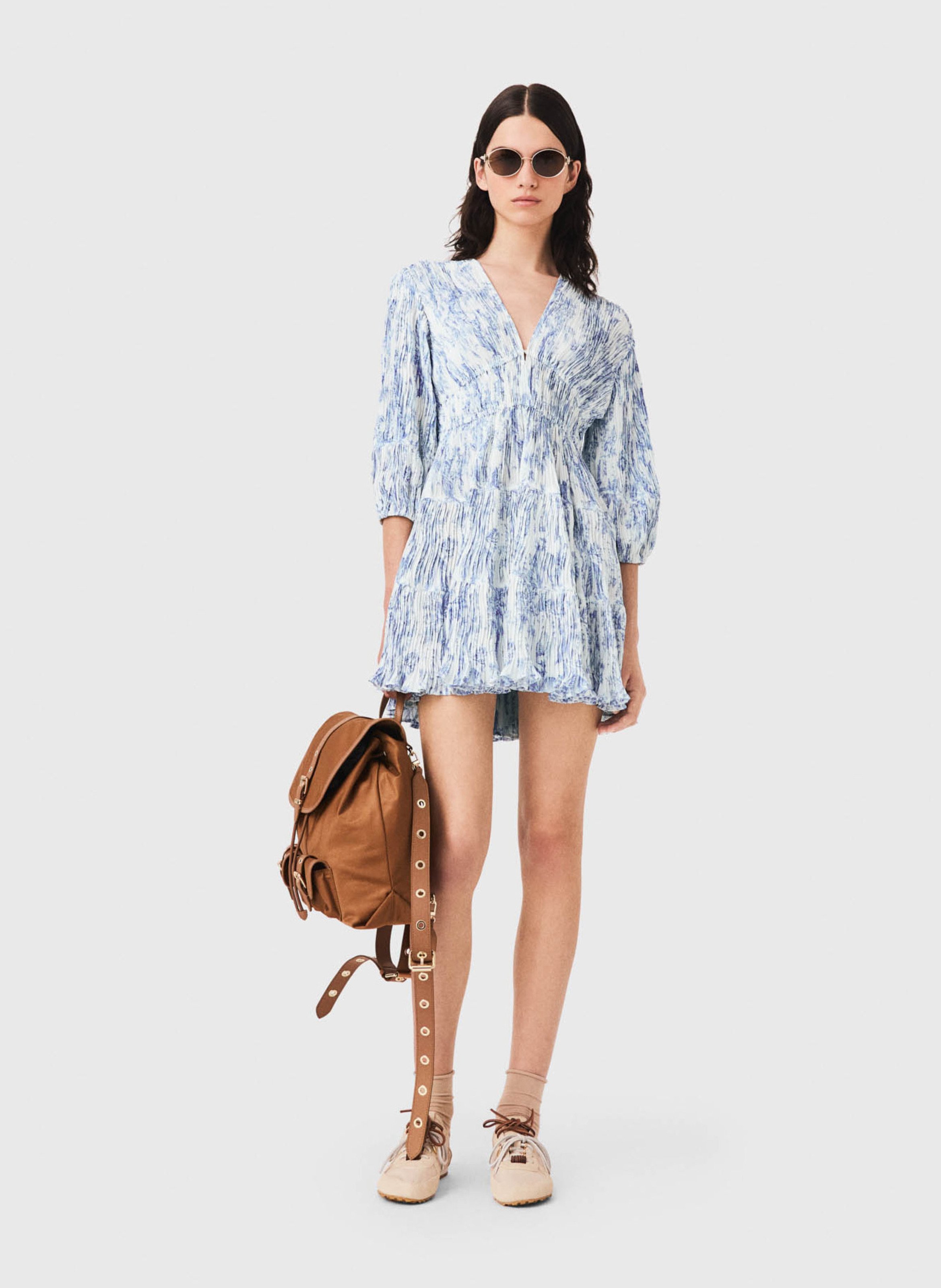 Robe courte col V imprimée MAJE Bleu