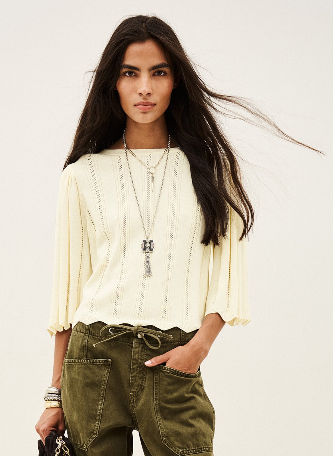 Damen Top mit 3/4-Ärmeln aus Lochstrick BA&SH Beige