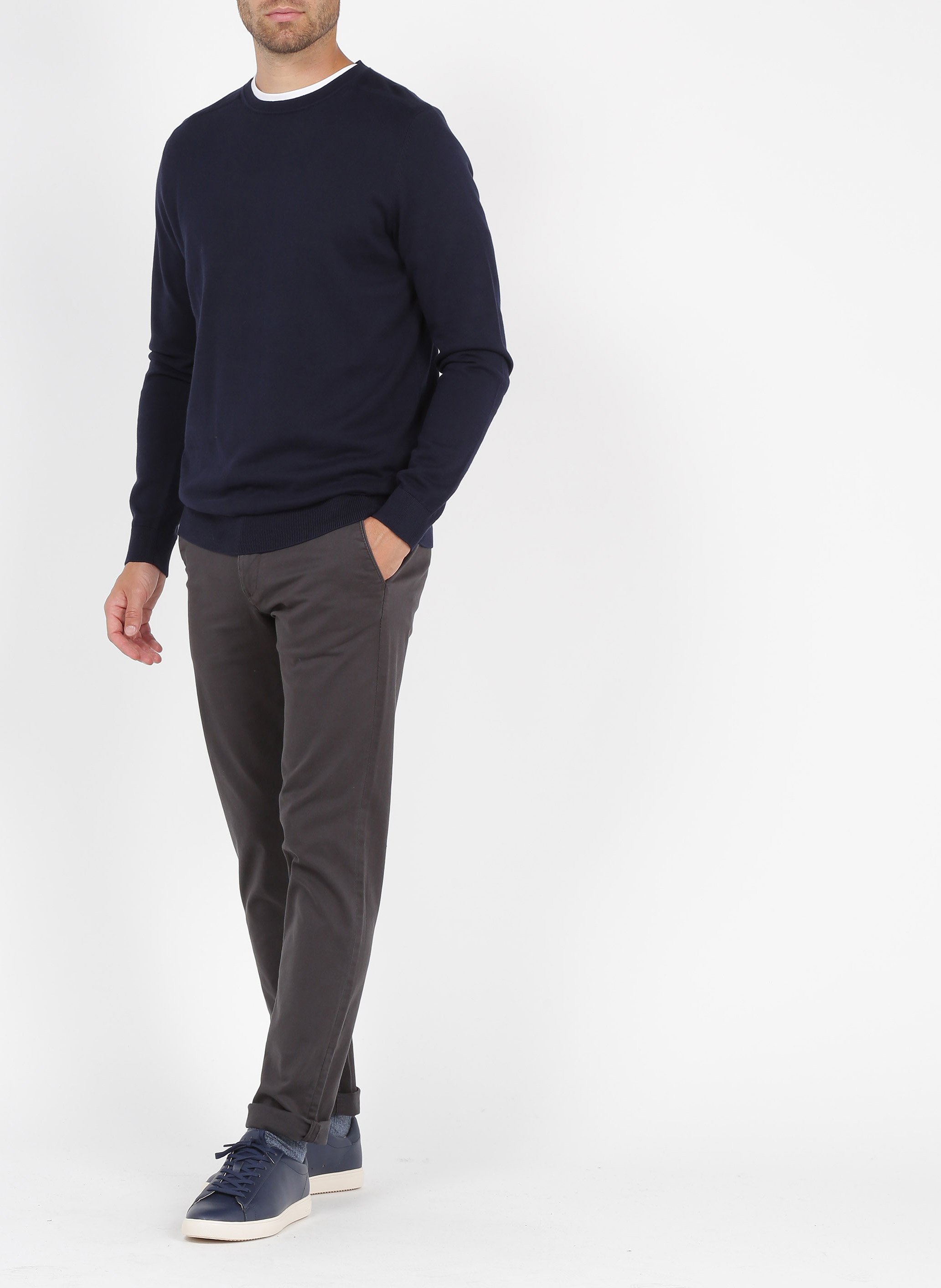 Regular-fit round-neck cotton sweater Blue