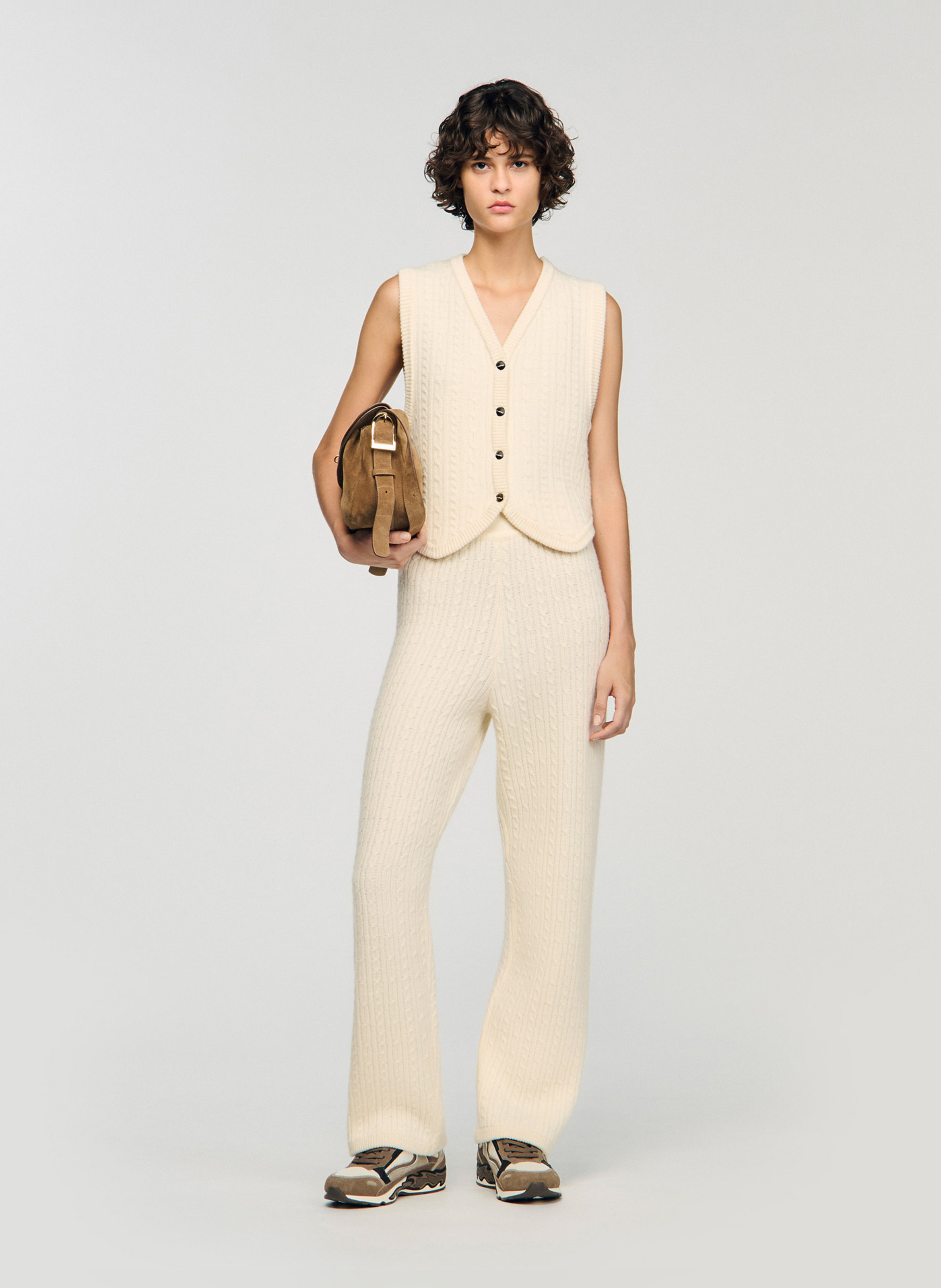 Gilet col v sans manches en laine mélangée SANDRO Blanc