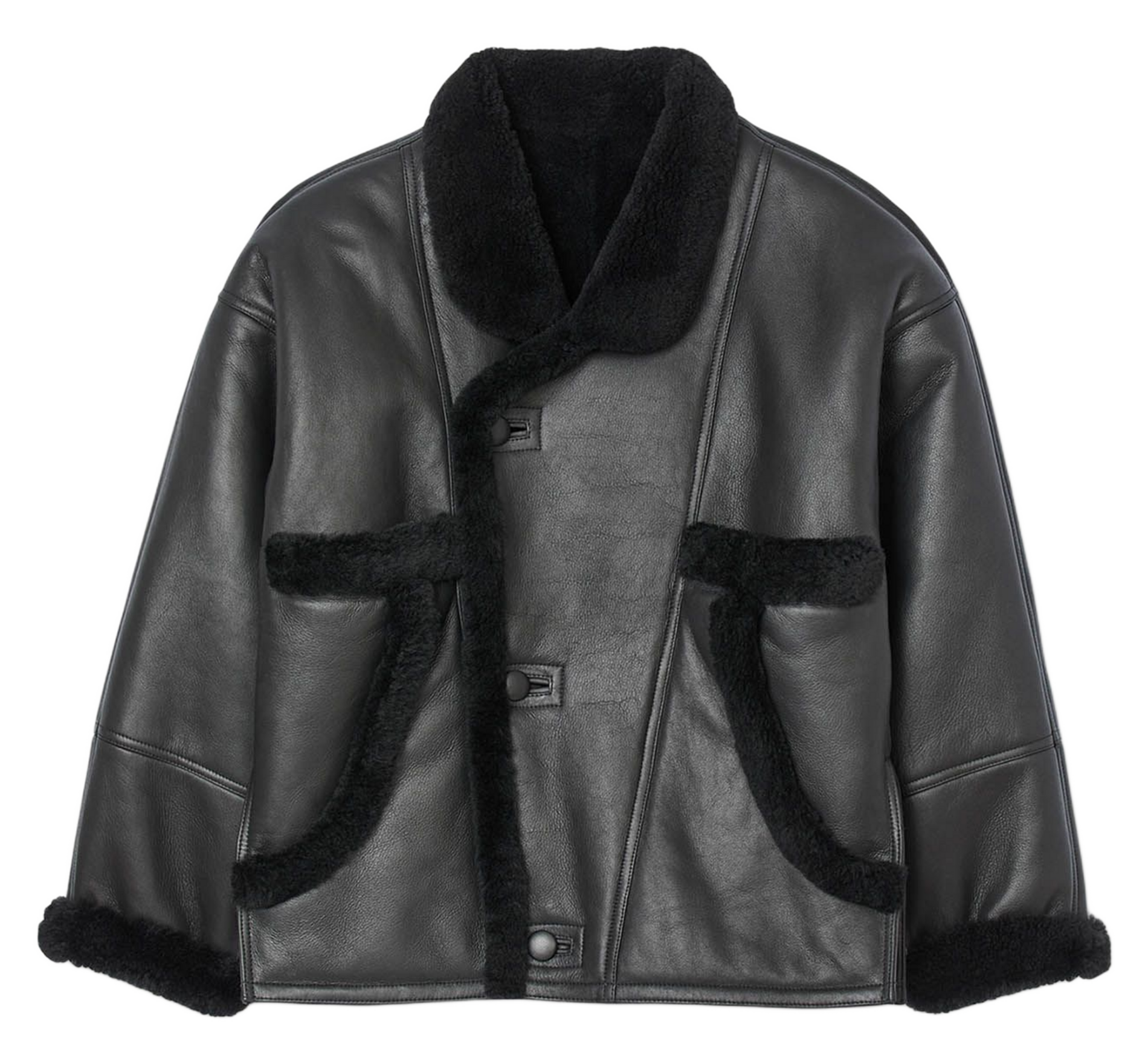 Oversized leren jas met knopen SANDRO Zwart