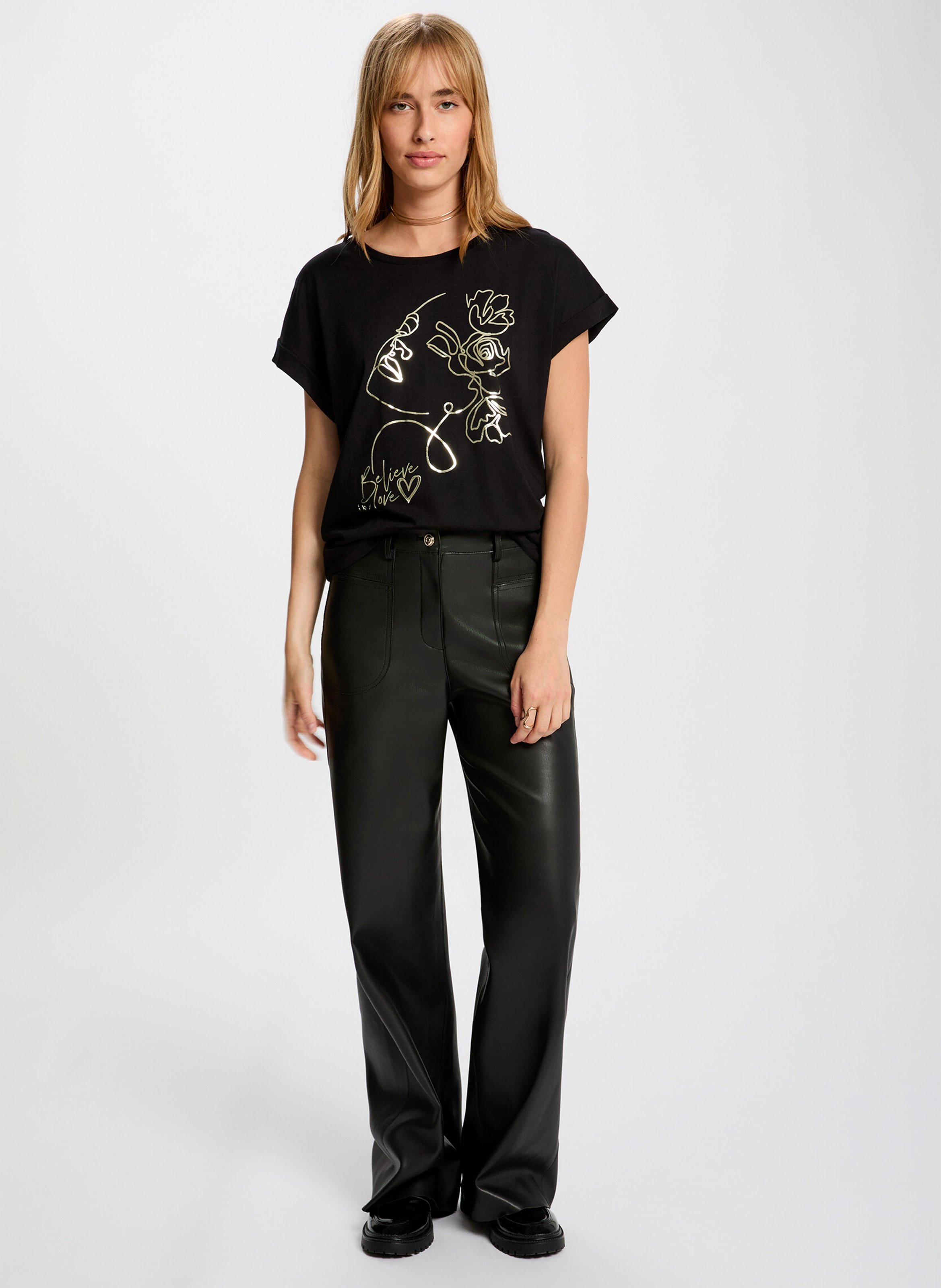 Tee-shirt col rond en coton mélangé MORGAN Noir