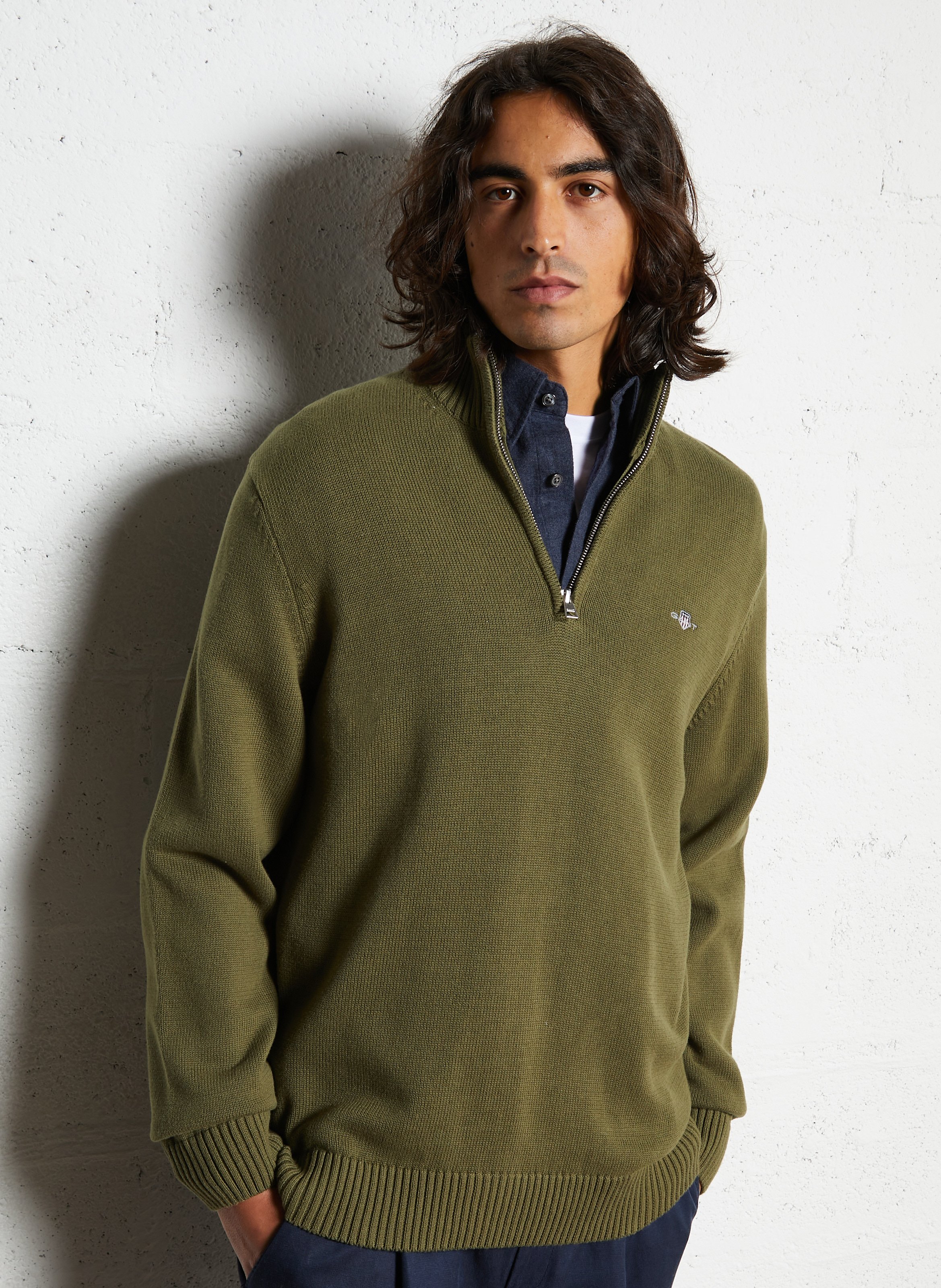Cotton sweater with zip-up neck GANT Green