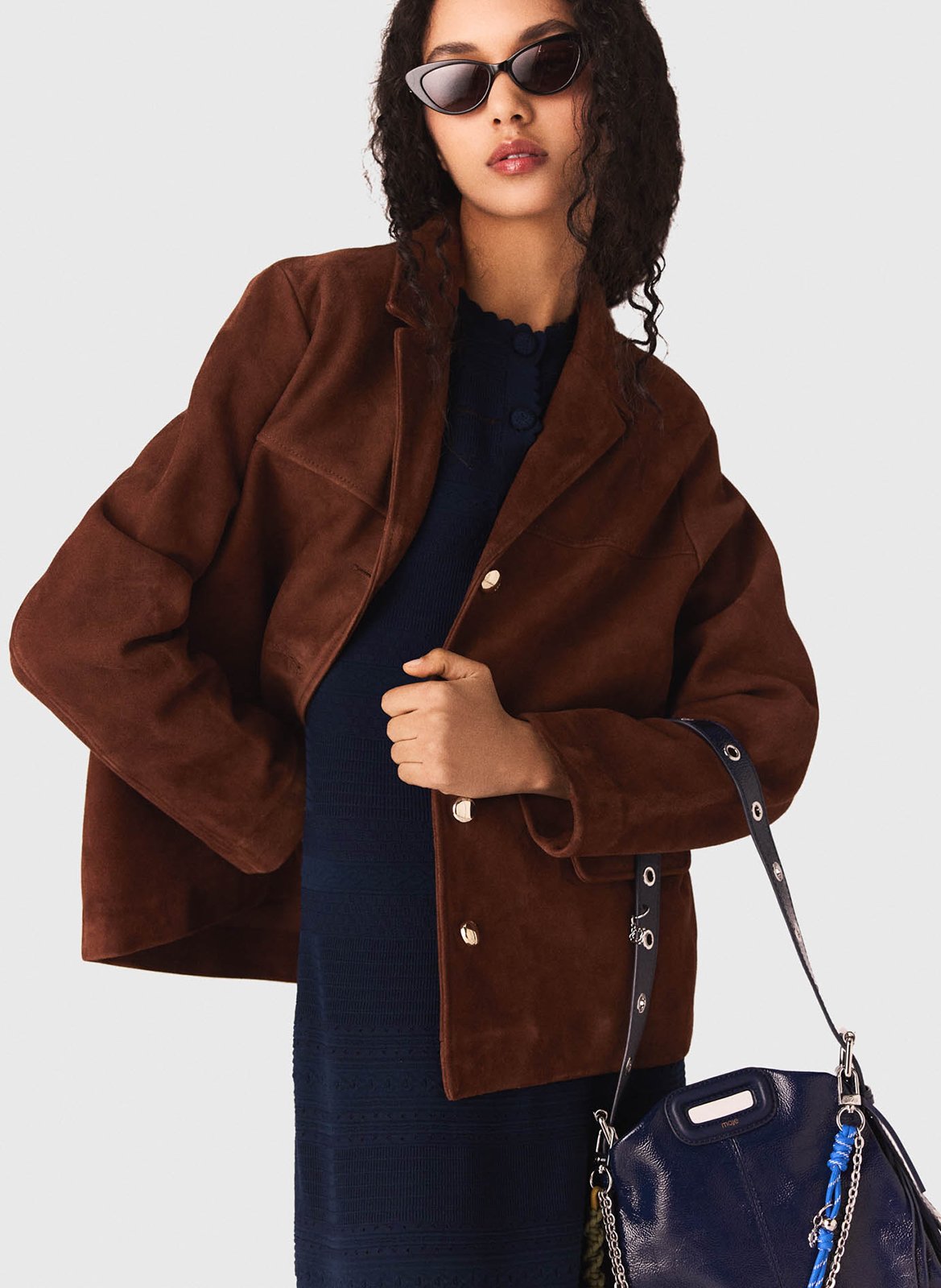 Veste col classique en cuir velours MAJE Marron