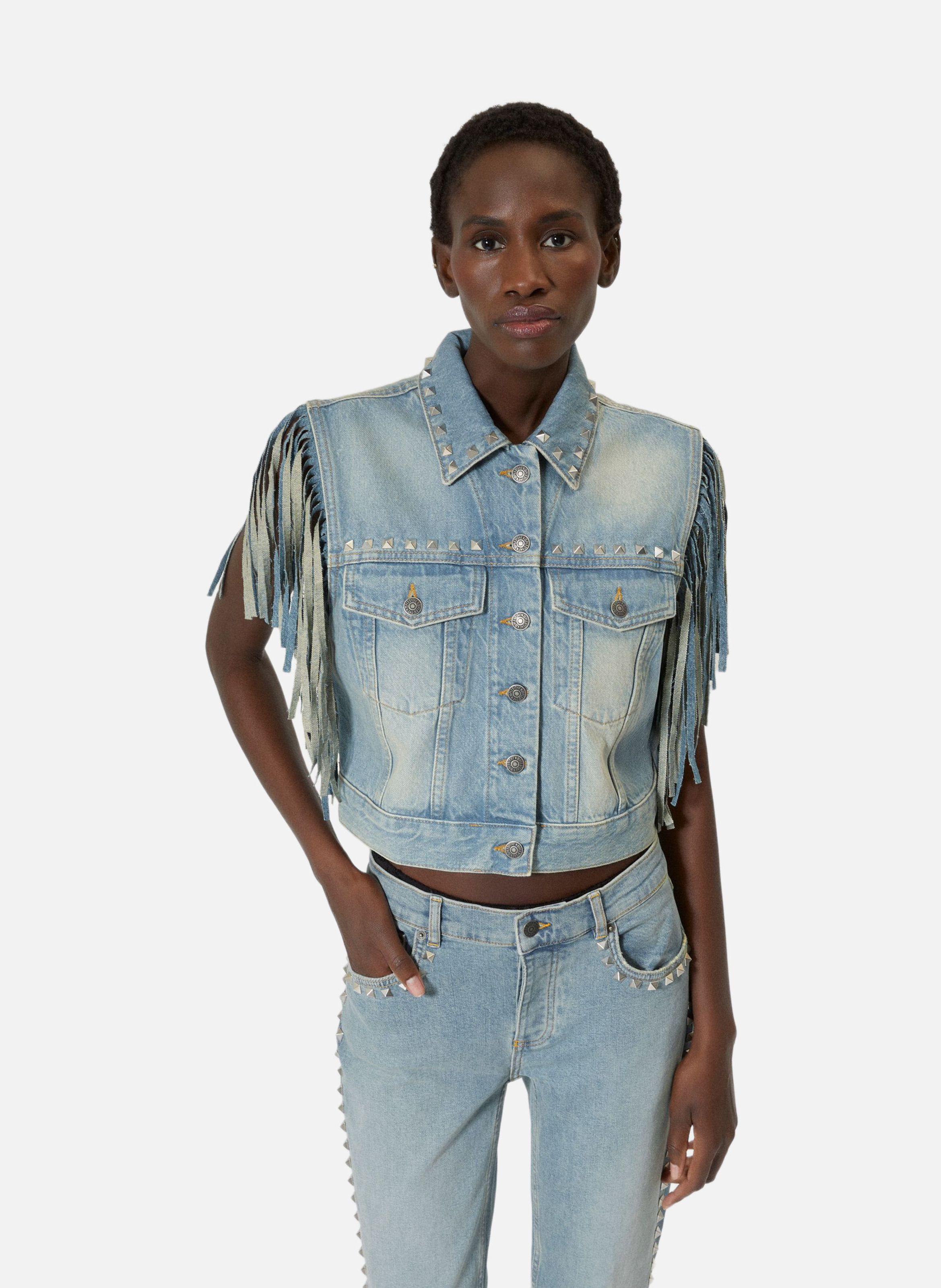 Blouson en denim avec franges et studs THE KOOPLES Bleu