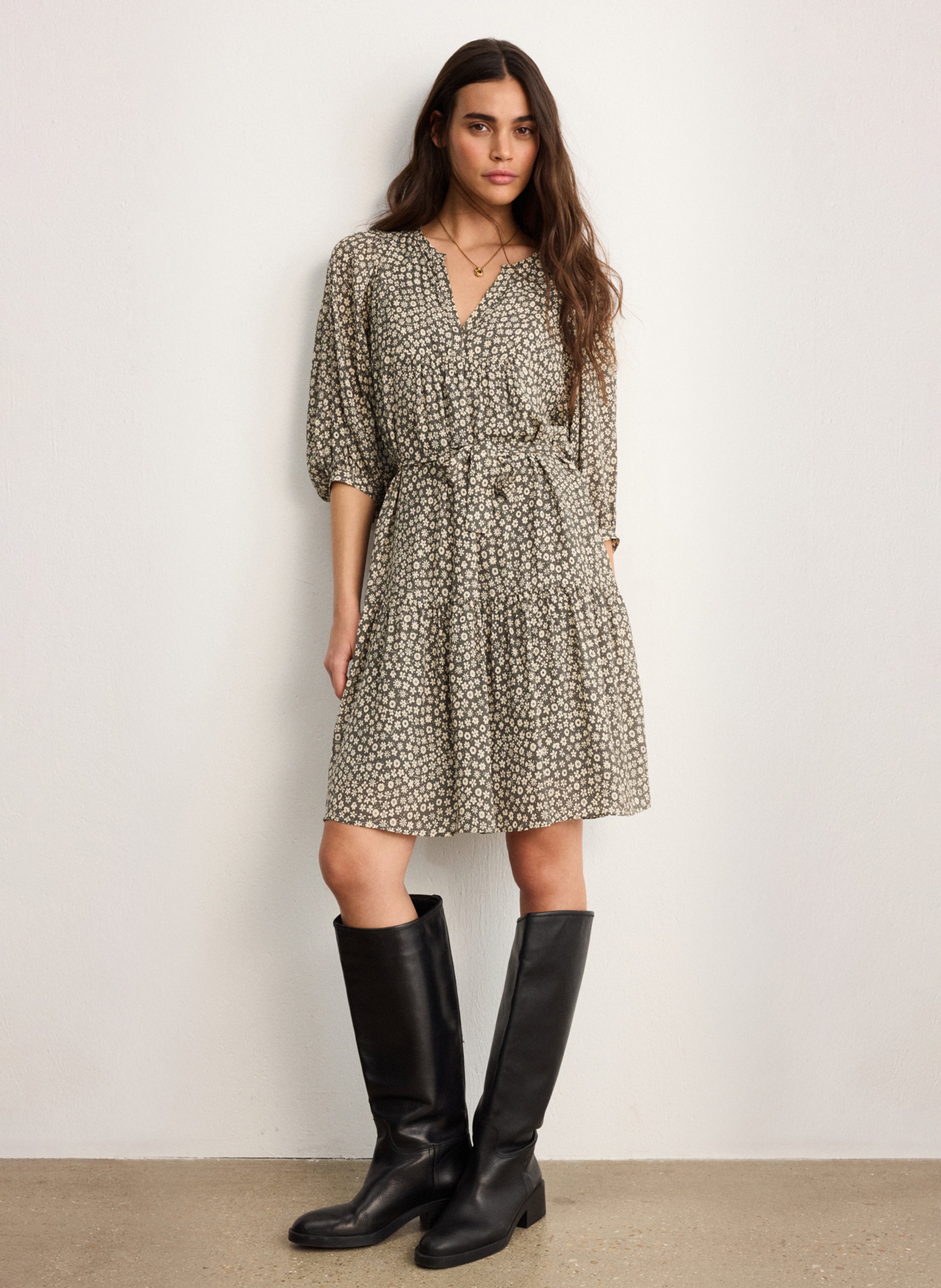 Robe courte imprimée col tunisien PABLO Kaki