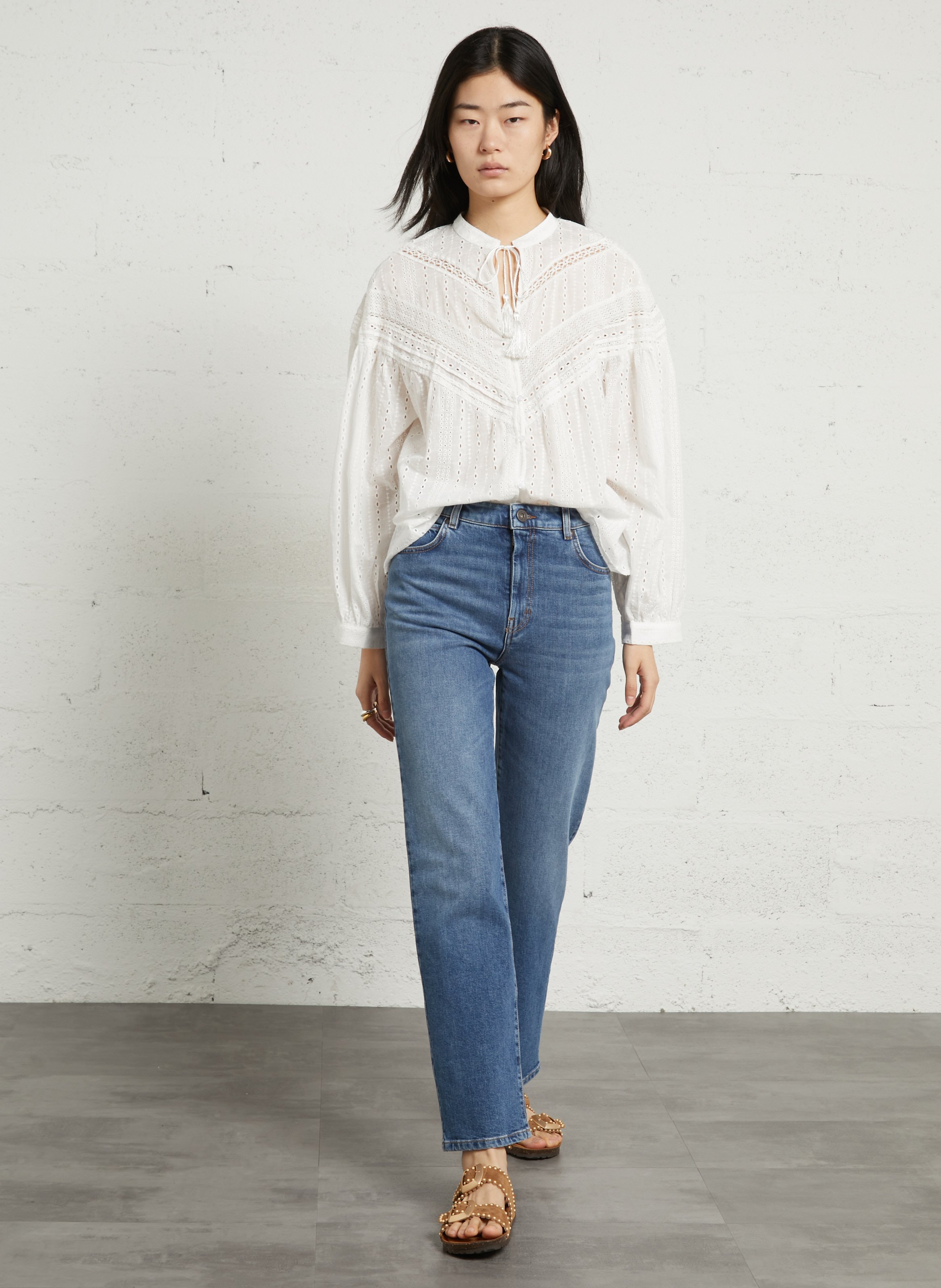 Weite Baumwollbluse mit Stickerei SEE U SOON Weiss