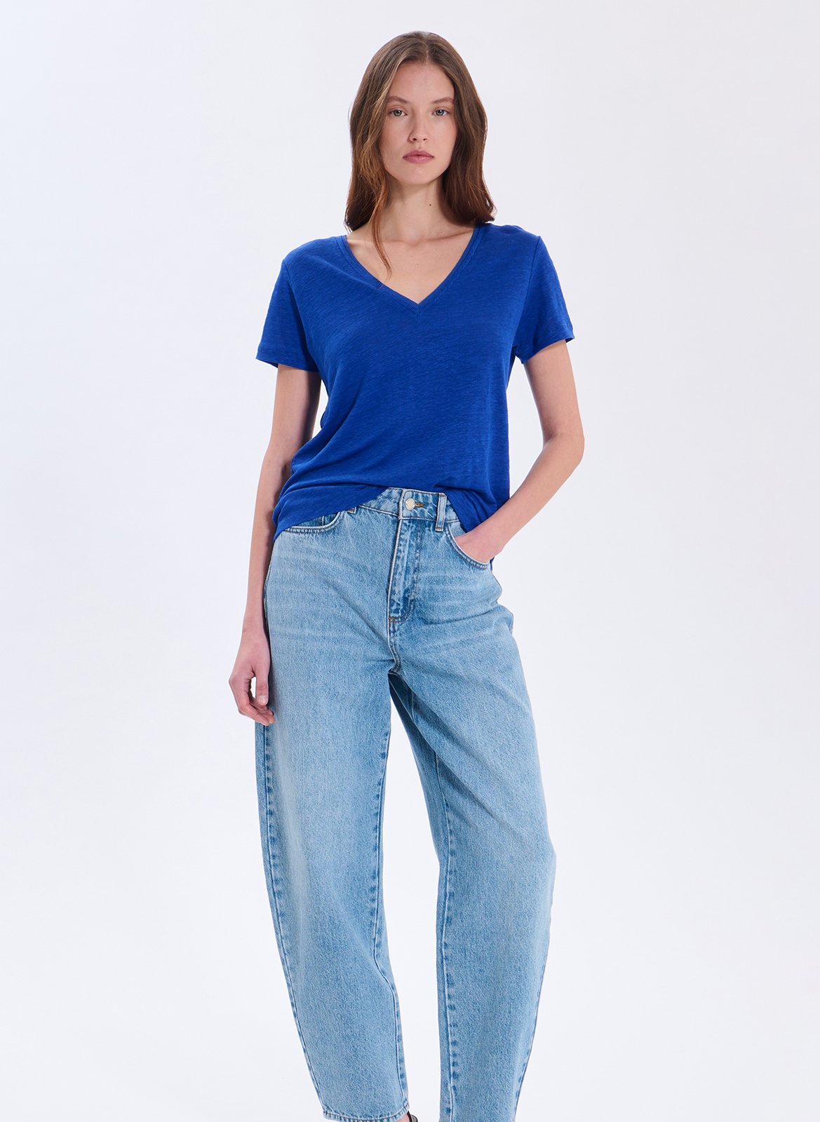 Rechte, linnen top met V-hals ZAPA Blauw