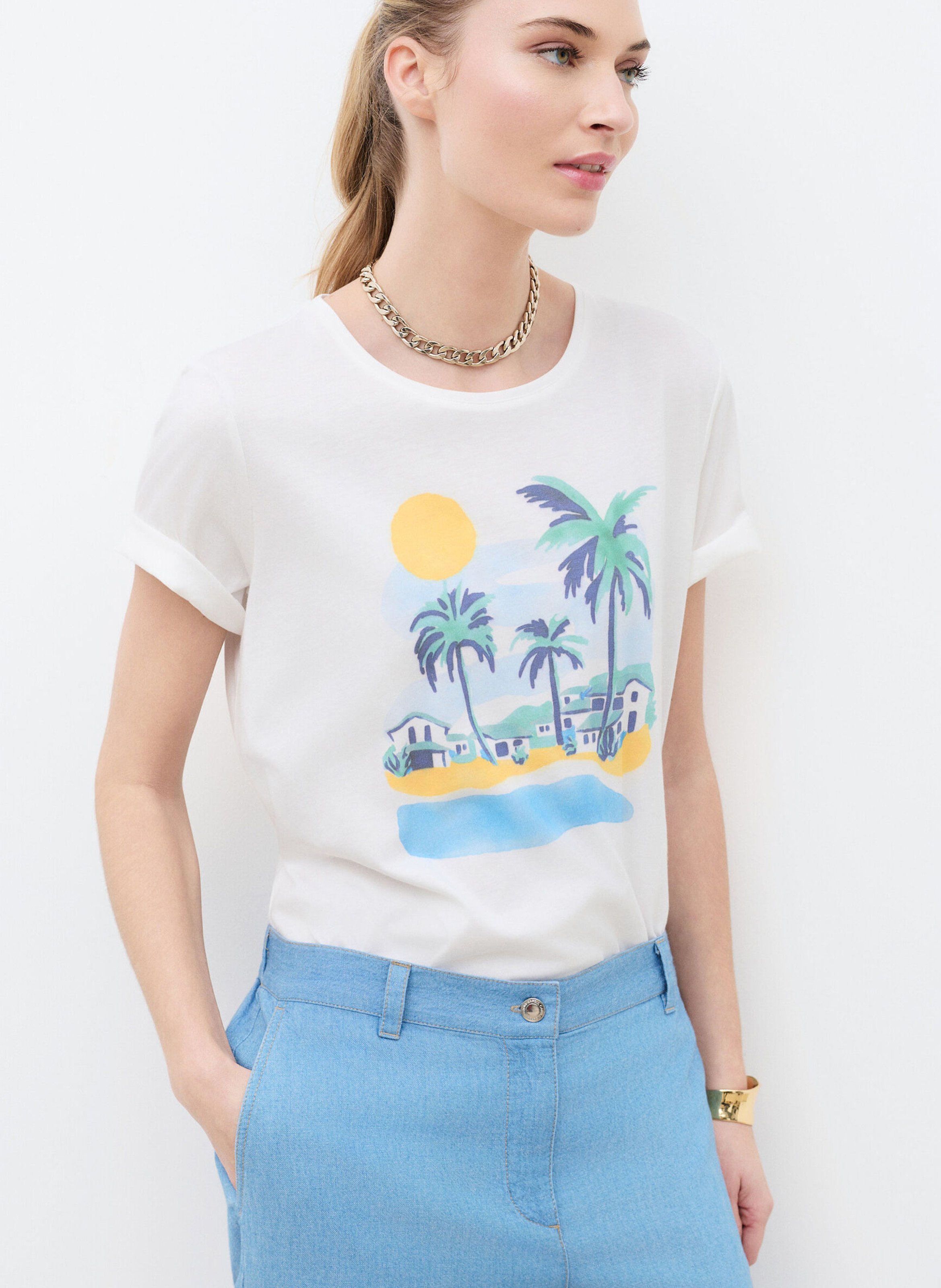 T-shirt droit col rond en coton mélangé CAROLL Beige