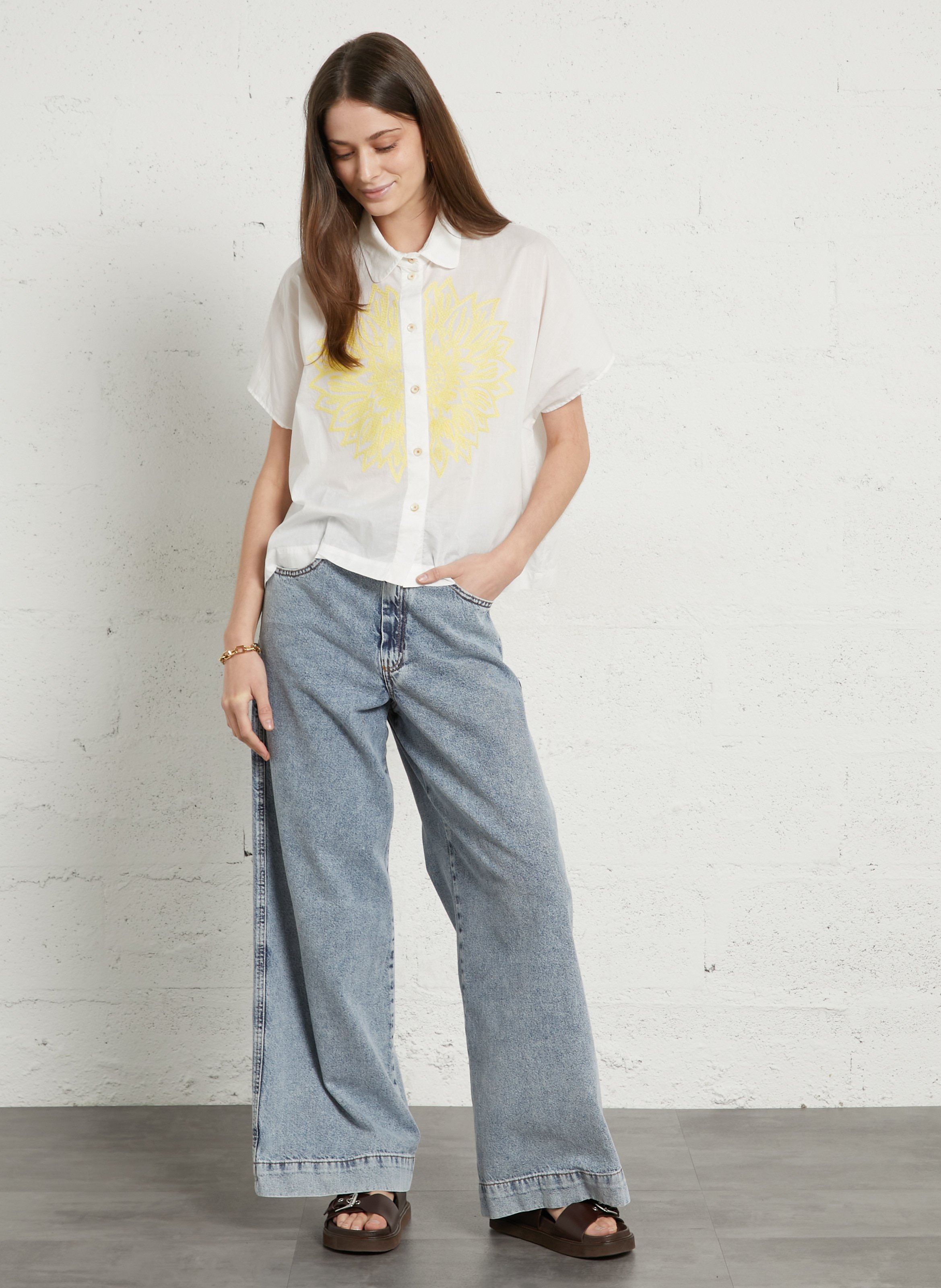 High-Waisted Wide Leg Washed Denim Jeans TINSELS Blue