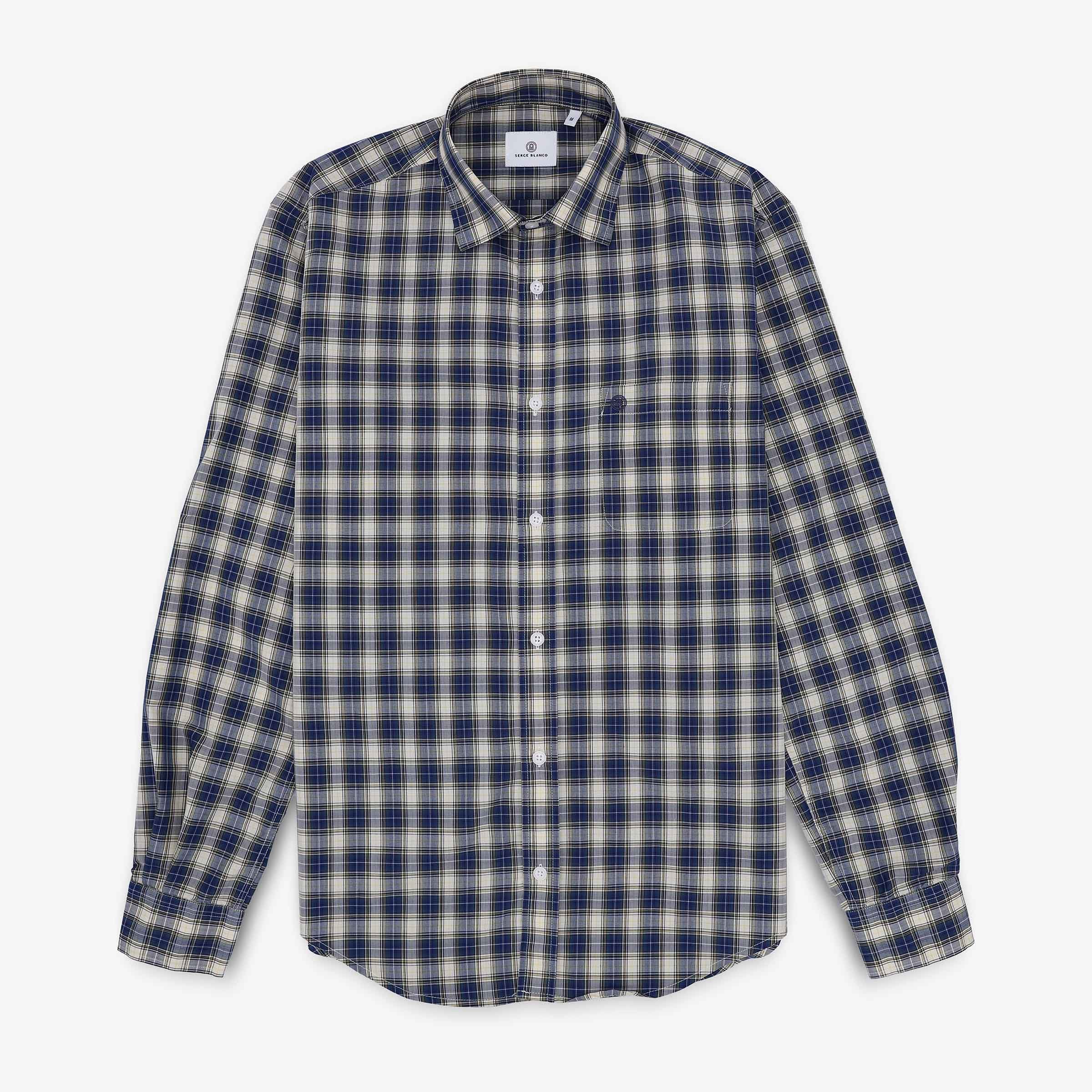 Chemise manches longues en coton bleue et beige à carreaux SERGE BLANCO Bleu