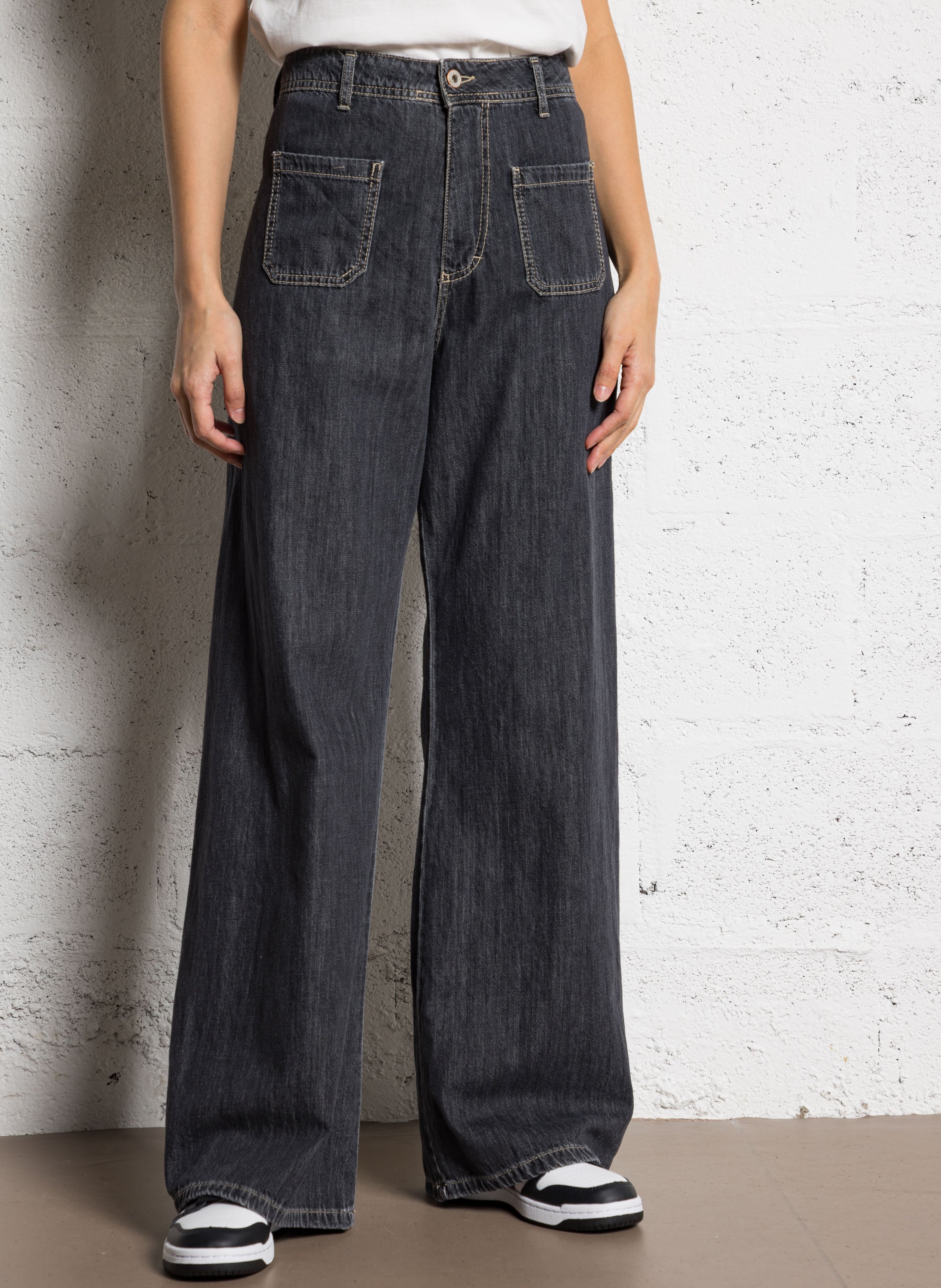 Wijde denim broek van katoen PLEASE Zwart
